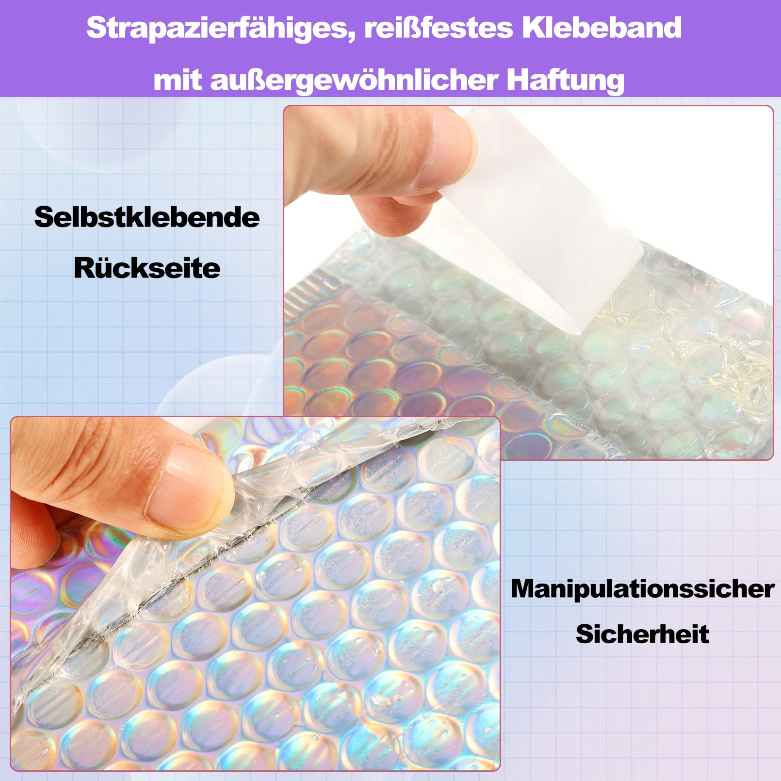 Lot de 50 enveloppes à bulles holographiques avec cartes de remerciement - Poly Bubble Mailer autocollant