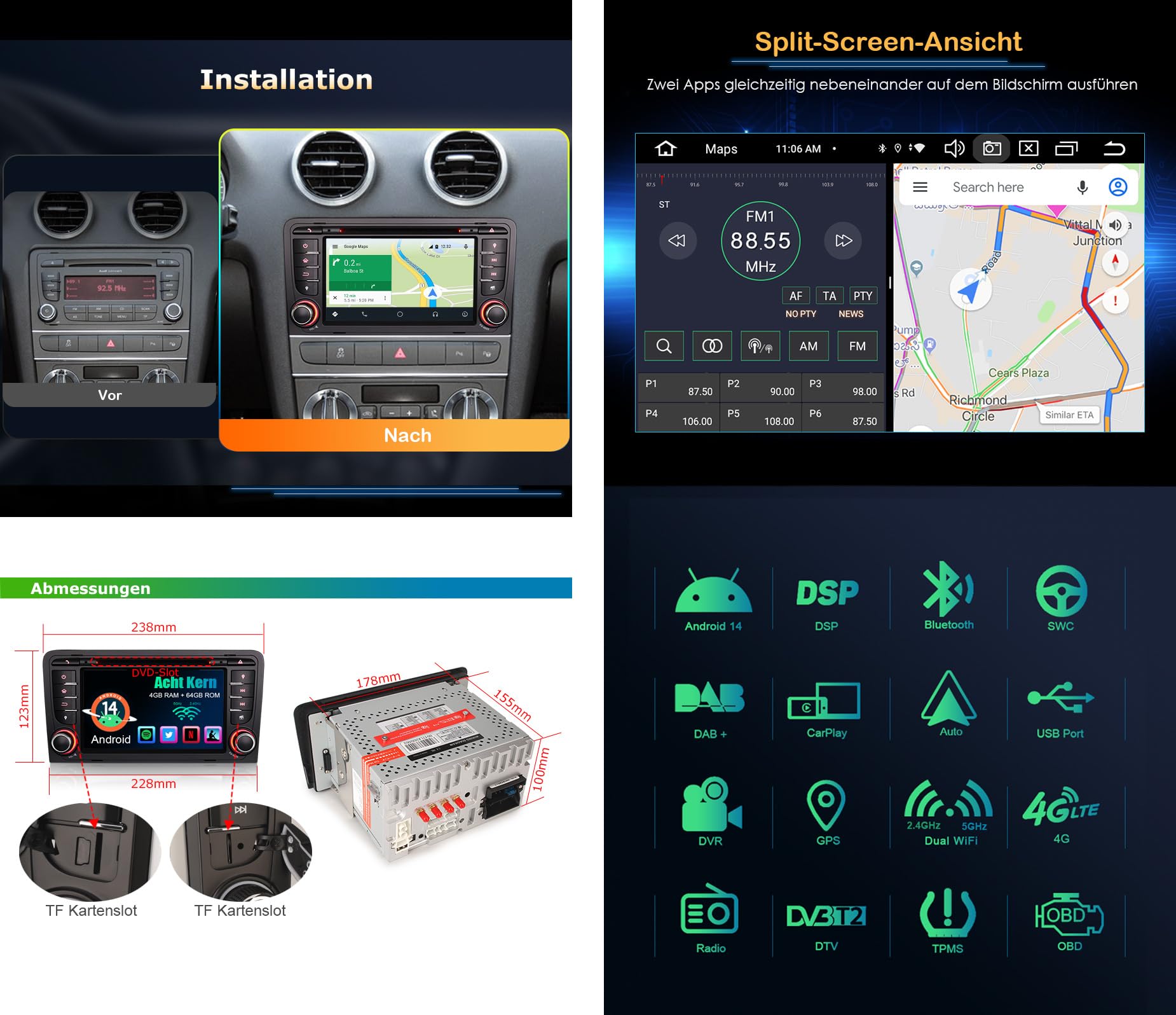 Erisin 7 Pulgadas 8 núcleos 4GB+64GB Android 14 Radio Coche GPS Navegador para Audi A3 8P RS3 S3 RESE-PU Pantalla táctil IPS Bluetooth 5.0 Carplay Android Auto DSP WiFi 4G Dab+ RDS DVD CD Canbus SWC