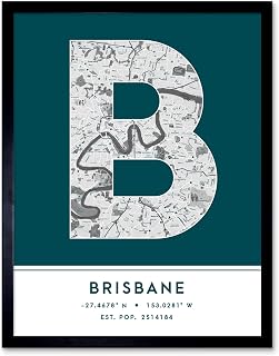 Wee Blue Coo Brisbane Australia City Map Teal Colour Block Modern Typography Stylish Letter Framed Word Wall Art Print Poster for Home Décor CITYMAP1