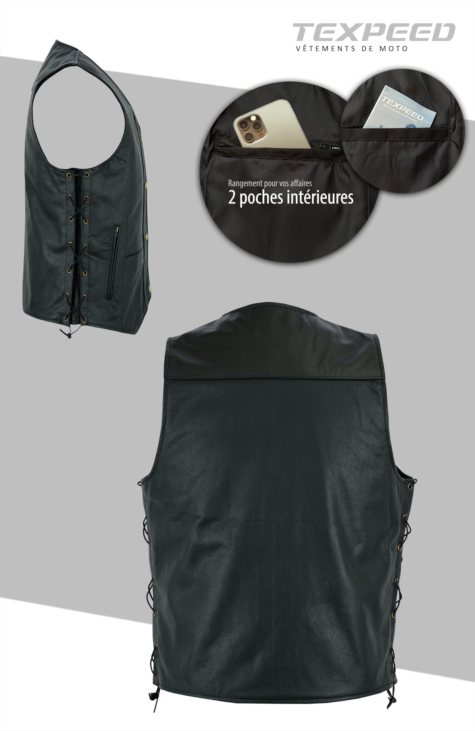Texpeed Gilet moto en cuir pour homme coupe - Véritables poches fermeture éclair de qualité moto/coupe gilet avec côtés tressés Noir - 10XL
