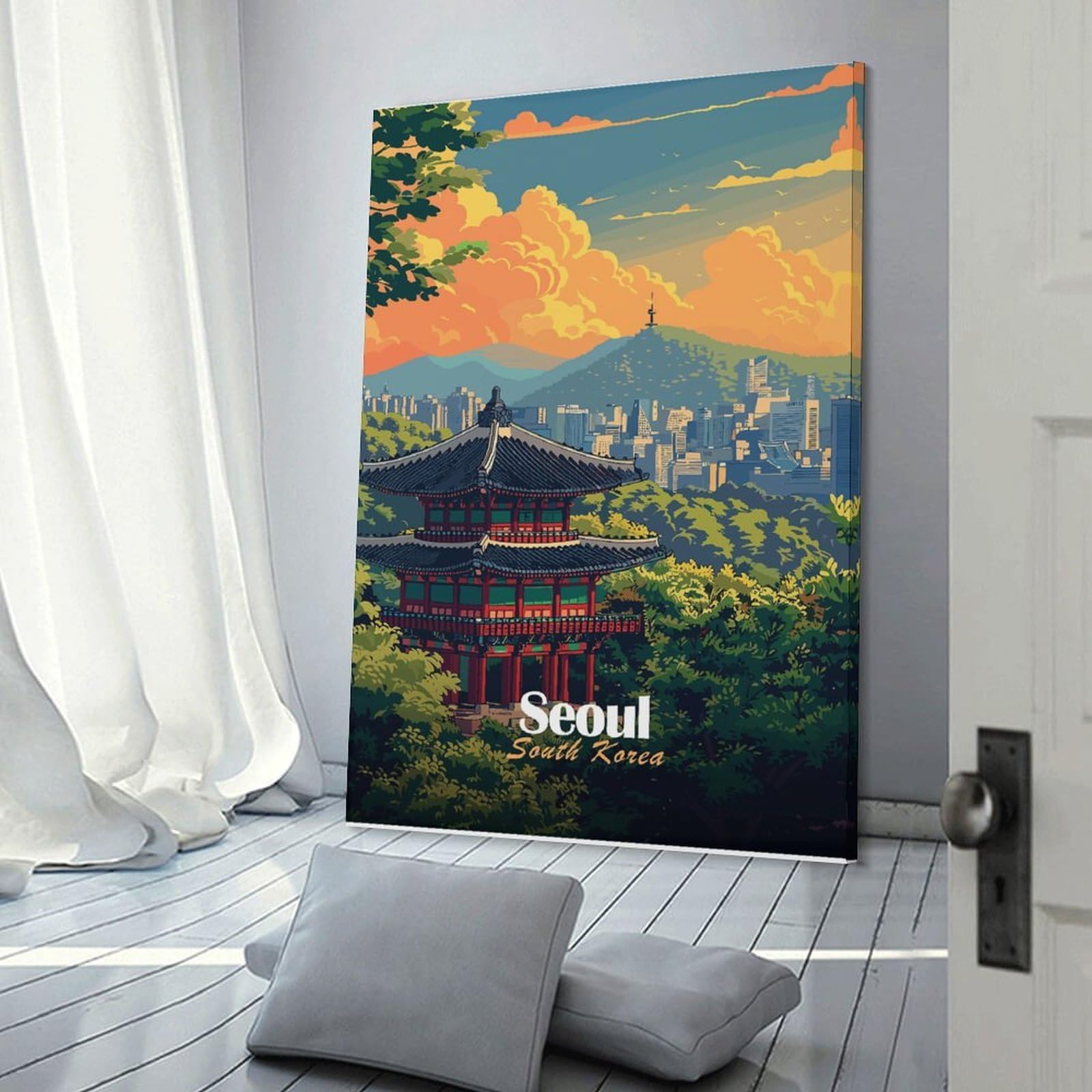 Junmoney Frame-Style-18 Canvas Wall Art Seoul Cityscape With Traditional Temple, 08X12inch(20X30cm), For Lounge, Study, Hallway Or Flat Walls, Canvas Wall Art That Fits Changing Layouts
