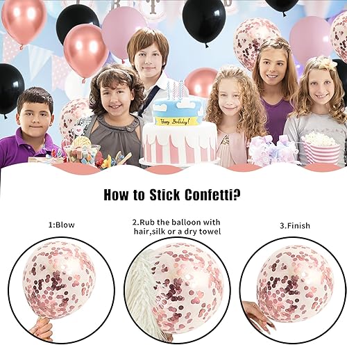 Miniatura 4 de Juego de 55 globos rosa y negro (12 pulgadas), confeti de oro rosa, regalo femenino, ideal para bodas, cumpleaños, decoración de fiestas