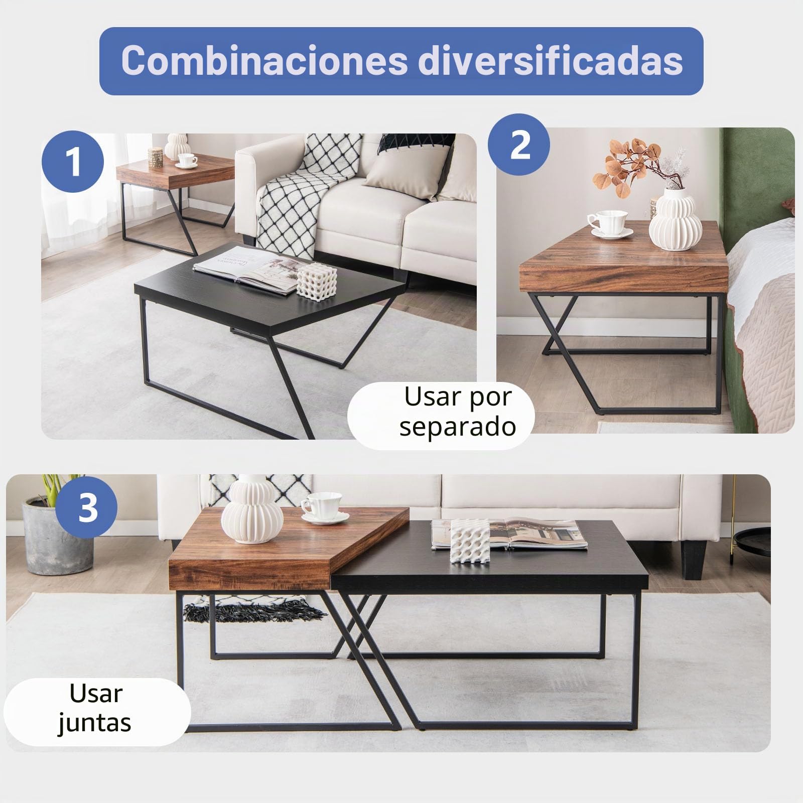 LIFEZEAL Juego de 2 Mesas de Centro Nido Rectangulares | Estilo Industrial de Madera y Metal, 120 x 60 x 46cm, para Sala de Estar, Marrón y Negro