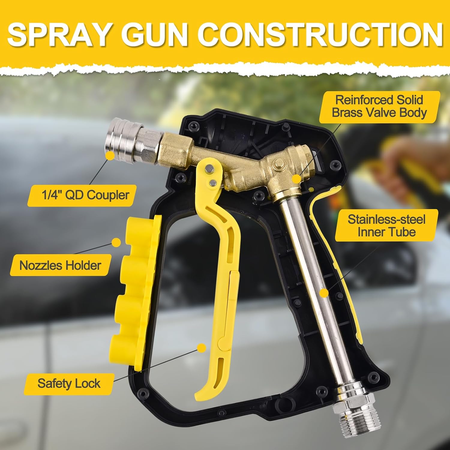 BEAR FORCE High Pressure Washer Short Spray Gun Inlet M22-ID14mm Max 5000 PSI with Nozzle Tips Holder & M22-15mm Connector & 3/8'' Quick Connector Swivel, Power Washer Gun Compatible with Foam Cannon