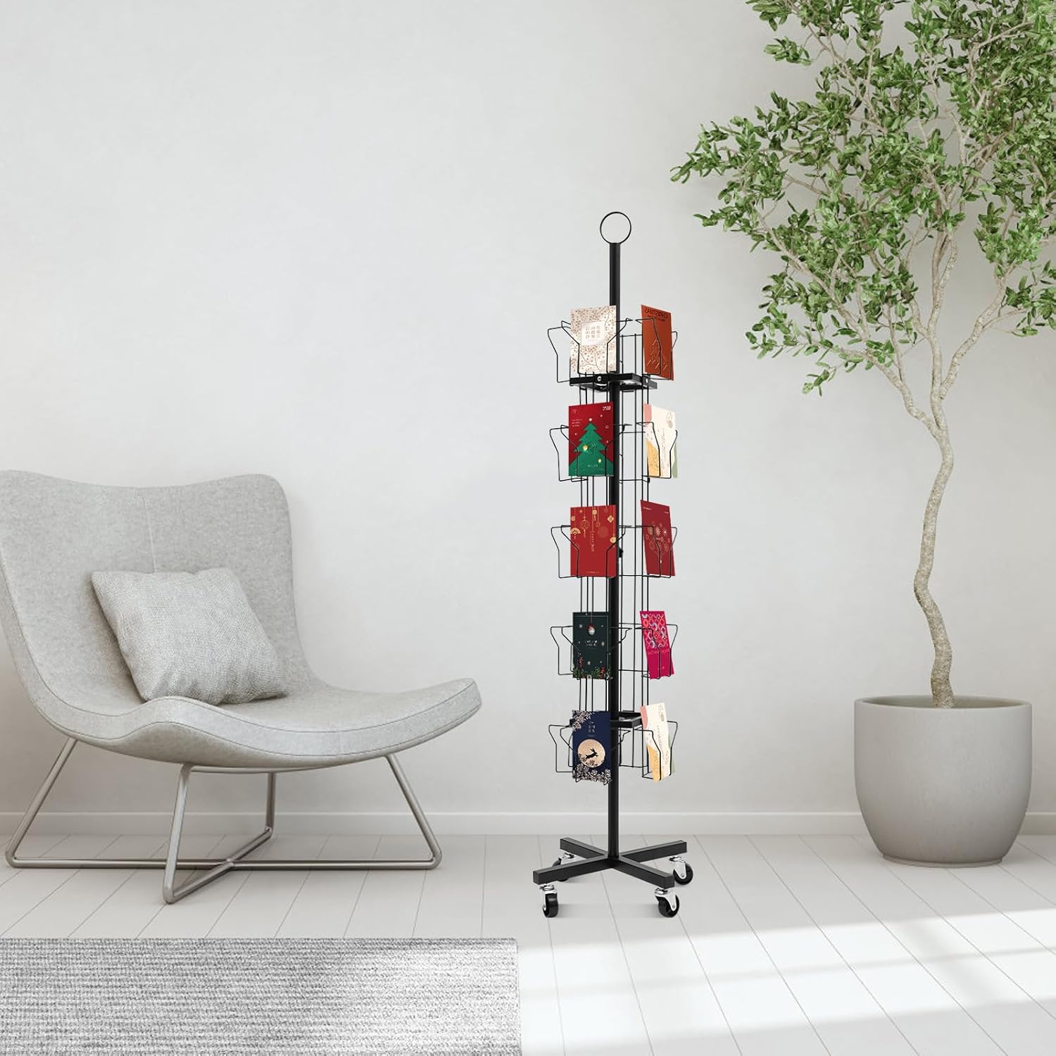 Greeting Card Rack 20 Pocket Rotating Postcards Display Rack 5 Tier Floor Standing Card Holder Metal Card Display Stand Sticker Brochure Display Spinner for Birthday Holiday Black