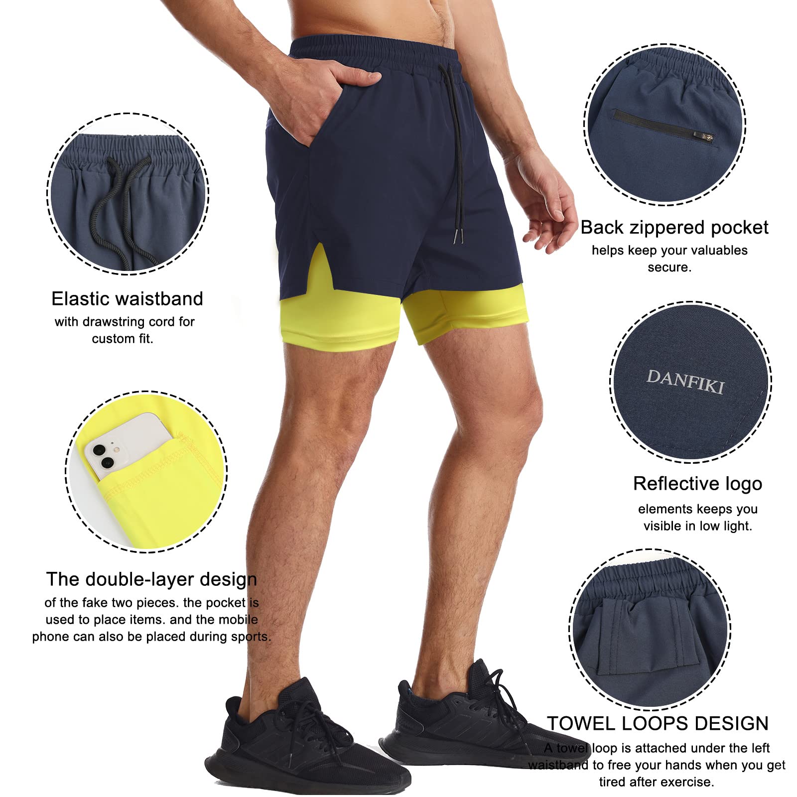Danfiki Pantaloncini Sportivi da Uomo Running Shorts Asciugatura Rapida con Tasca per Jogging Tennis Fitness Allenamento 2 in 1