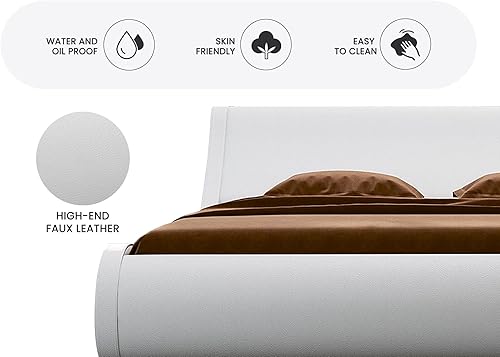 Miniatura 12 de SHA CERLIN Moderna base de cama de perfil bajo tamaño matrimonial, elegante cama tapizada de piel sintética con cabecera ajustable, no necesita