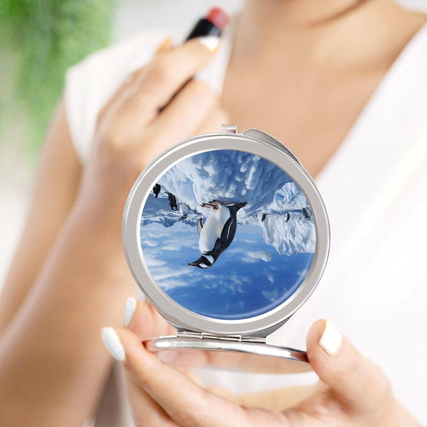 Snow Mountain Penguin Portable Makeup Mirror, Sided Travel Hand Mirror Mini Folding Mirror for Precise Makeup Women Daily Use