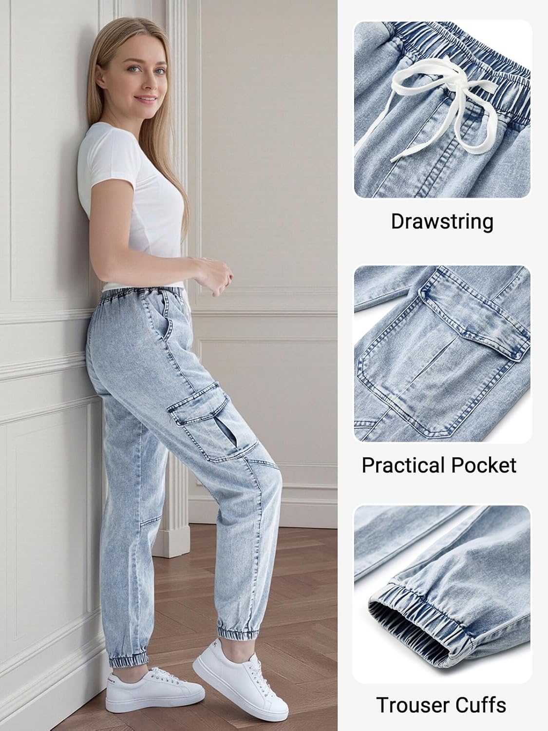 Women's Cargo Joggers Pants with Pockets - High Waisted Elastic Waist Jeans with Drawstring, Stretchy Comfort Fit - Image 4