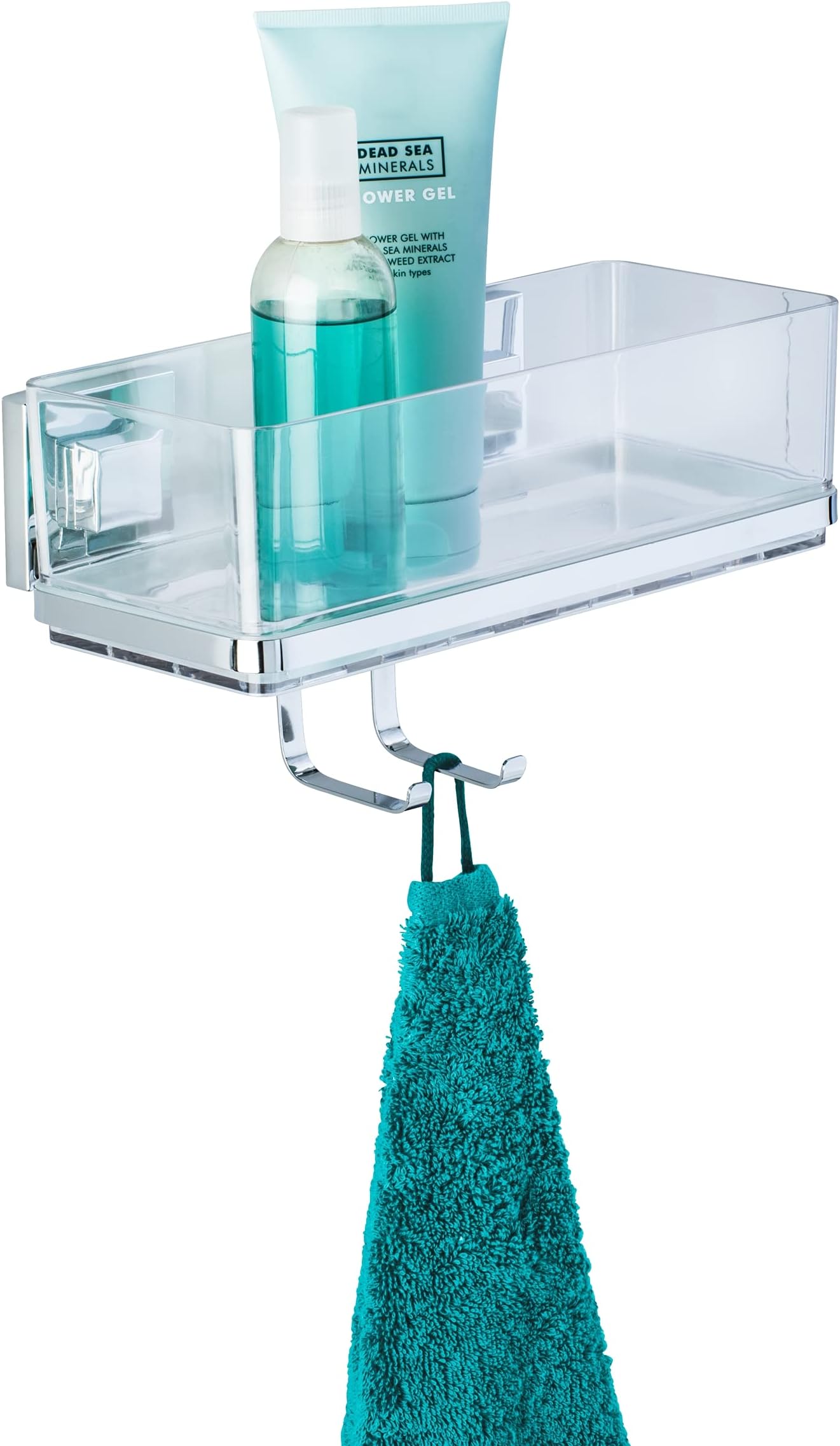 Vacuum-Loc Wall Shelf with Hooks Quadro, Plastic ABS, Home Bathroom Storage Space, No Drilling, 25.5x15x14cm, Shiny