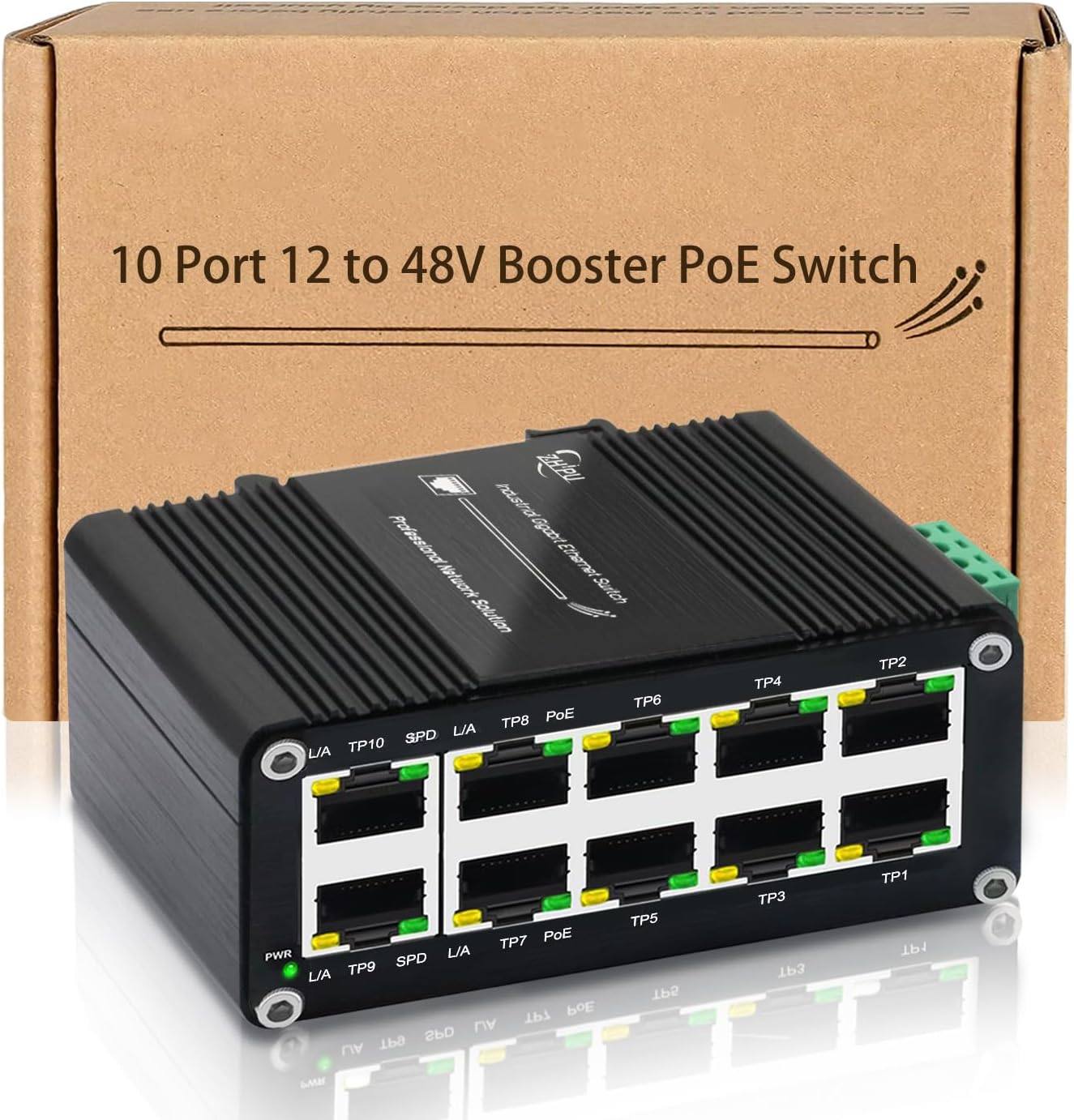Industrial 10-Port Gigabit PoE Switch, 12–48V DC Input with Built-in Voltage Booster, 8-Port 802.3at 30W + 2 Uplink, 120W Output, DIN-Rail Mountable
