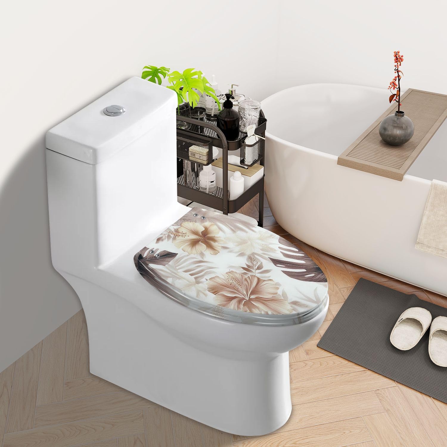 Asiento de inodoro con estampado floral acuarela azul marino para baño.