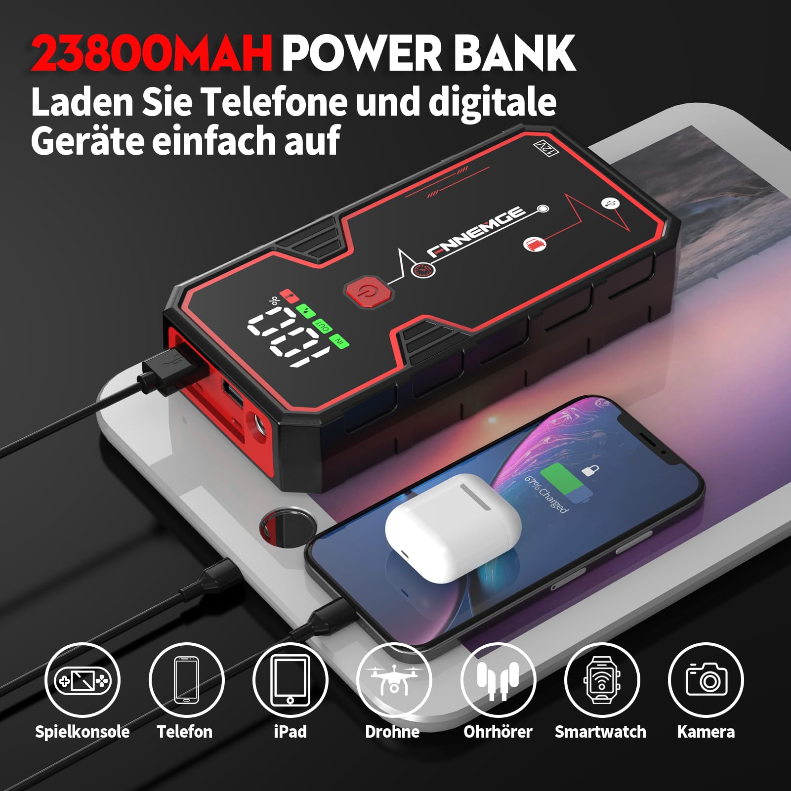 FNNEMGE Starthilfe Powerbank 5000A 23800mAh, Geeignet für 12V Auto Batterie (Alle Benzin und Bis Zu 8,0L Diesel), mit USB-Ladeausgang, LED-Licht, HD-Großbildschirm