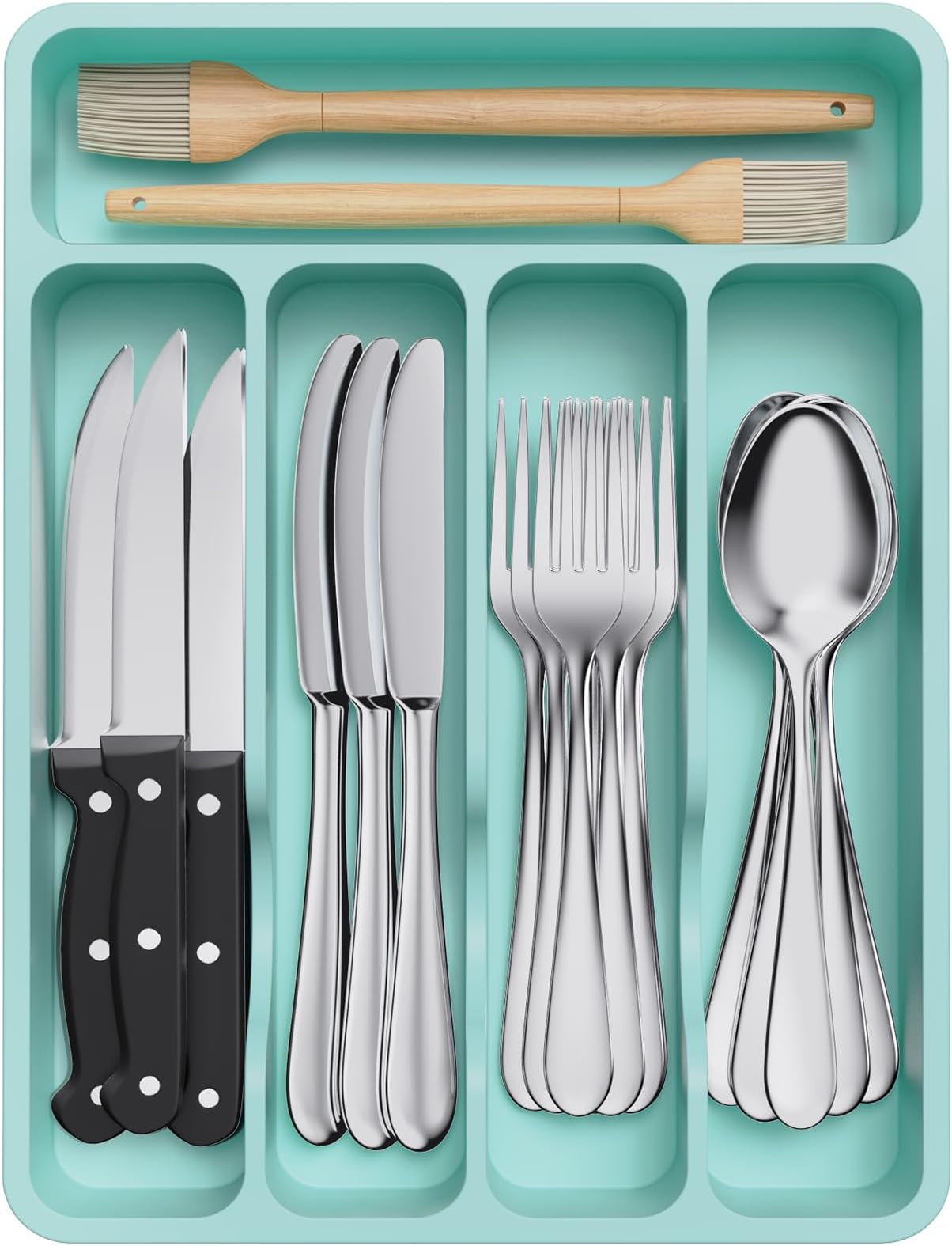 Lifewit Silverware Drawer Organizer Tray, Plastic Cutlery Storage for Kitchen Drawer, Flatware and Utensil Holder Divider for Spoons Forks Knives Tableware, 5 Compartment, Turquoise