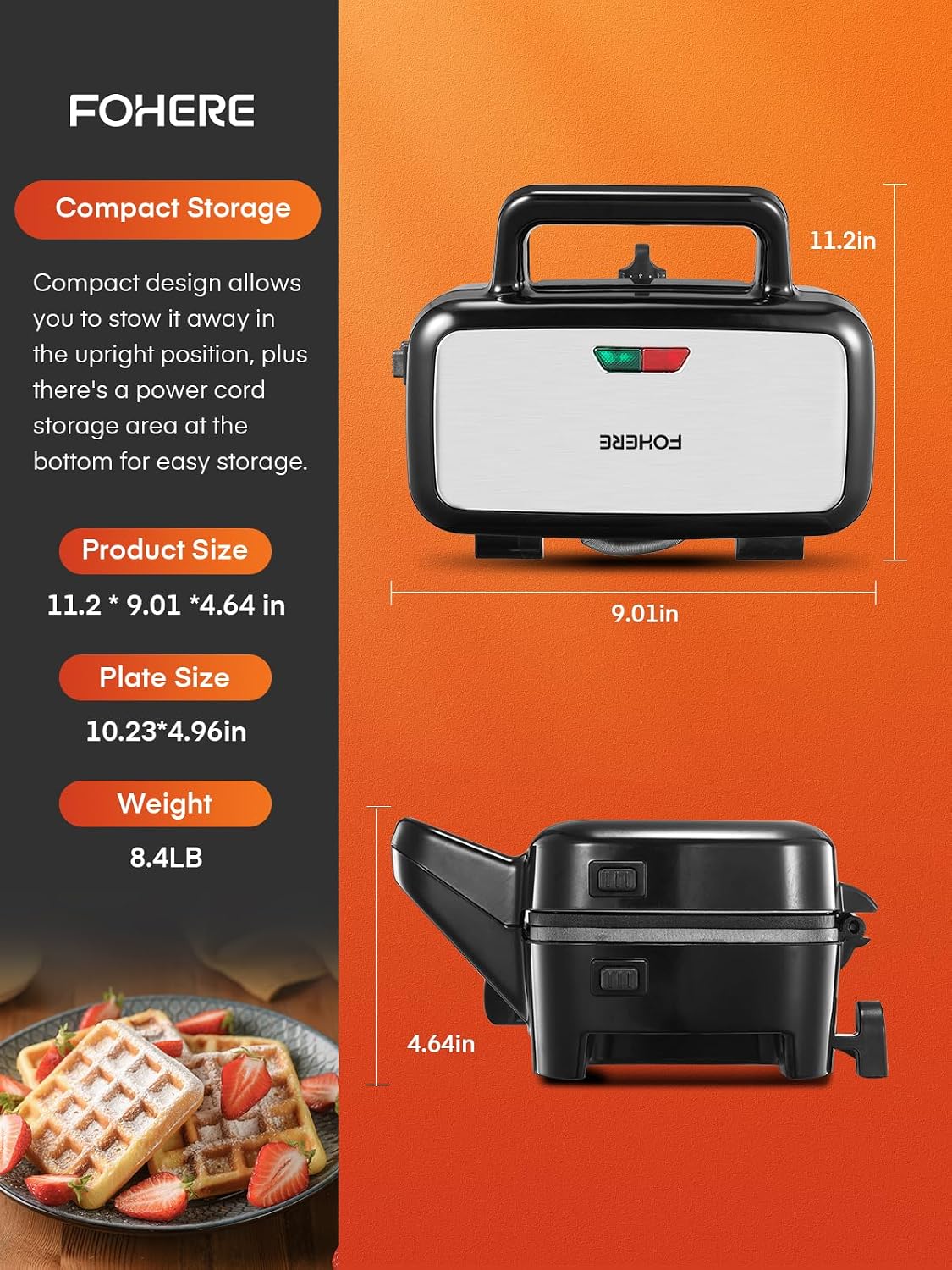 FOHERE Sandwich Maker 3 In 1 Waffle Maker With Removable Plates,1200W Grilled Cheese Maker, 5-gear Temperature Control, Non-stick Coating Easy to Clean, Indicator Lights, Silver/Black, view 9
