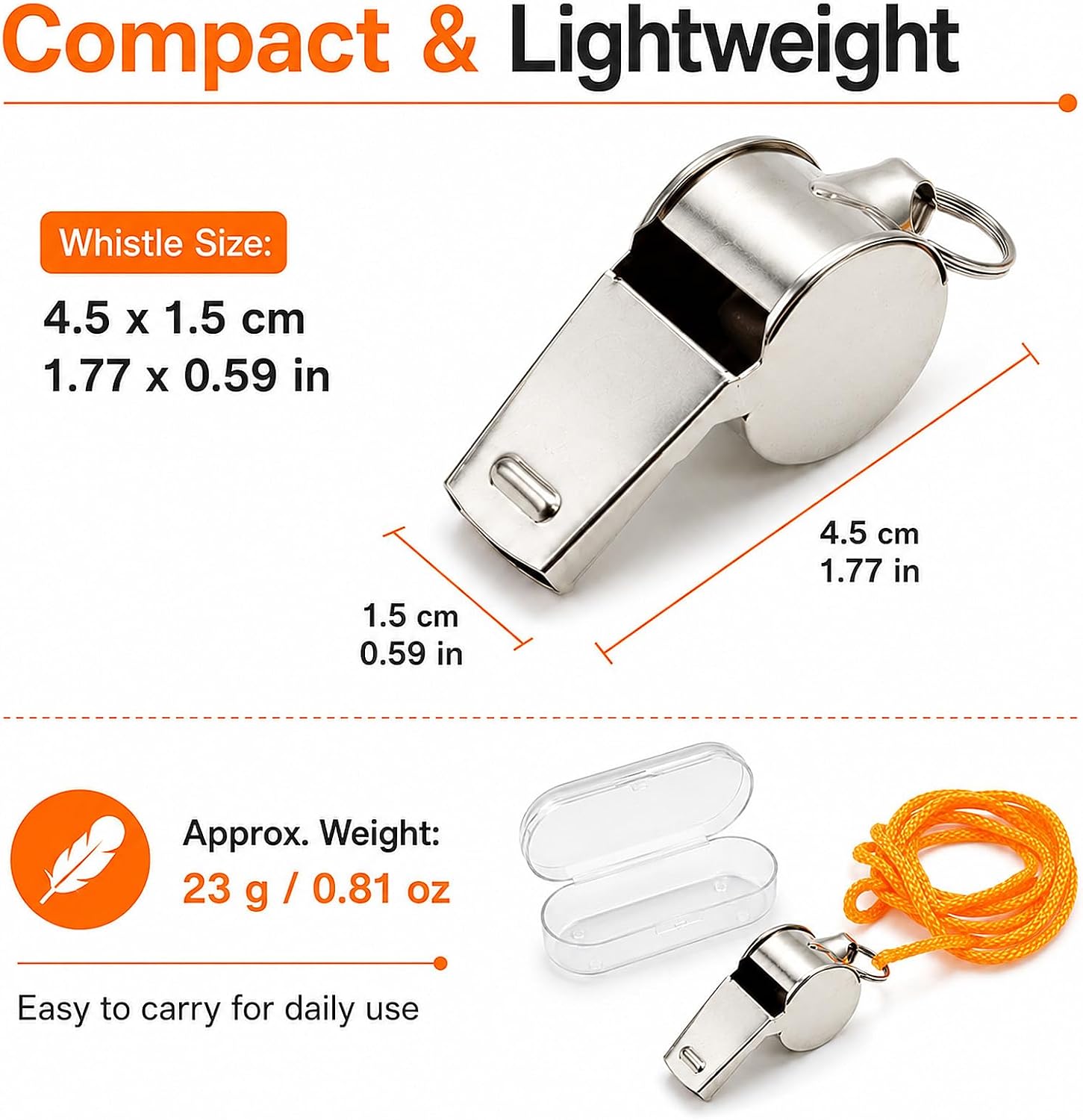 Carehabi 2 Stainless Steel Whistles Boxed - Referee Whistle with Orange Lanyard - Noisy Sports Whistle for Football, School Sports, Training and Dog Training