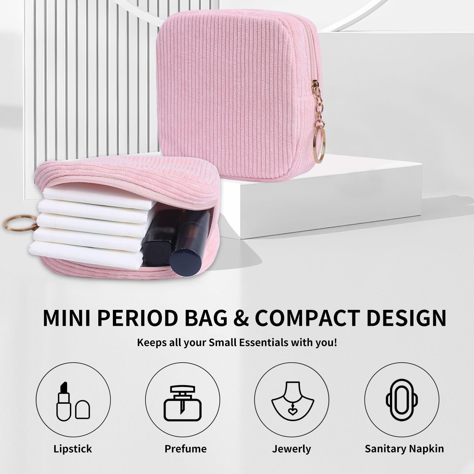 Bolsa de almacenamiento de servilletas sanitarias, bolsa de pana preppy para mujer, bonita bolsa de período portátil con cremallera, bolsa de almohadillas sanitarias para tampones para bolso, 4