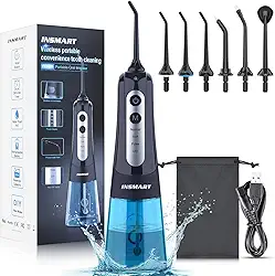 Limpador dental de água sem fio, irrigador dental INSMART Professional de 300 ml, modo faça-você-mesmo, irrigador oral dental recarregável por USB para casa e viagens, IPX7 à prova