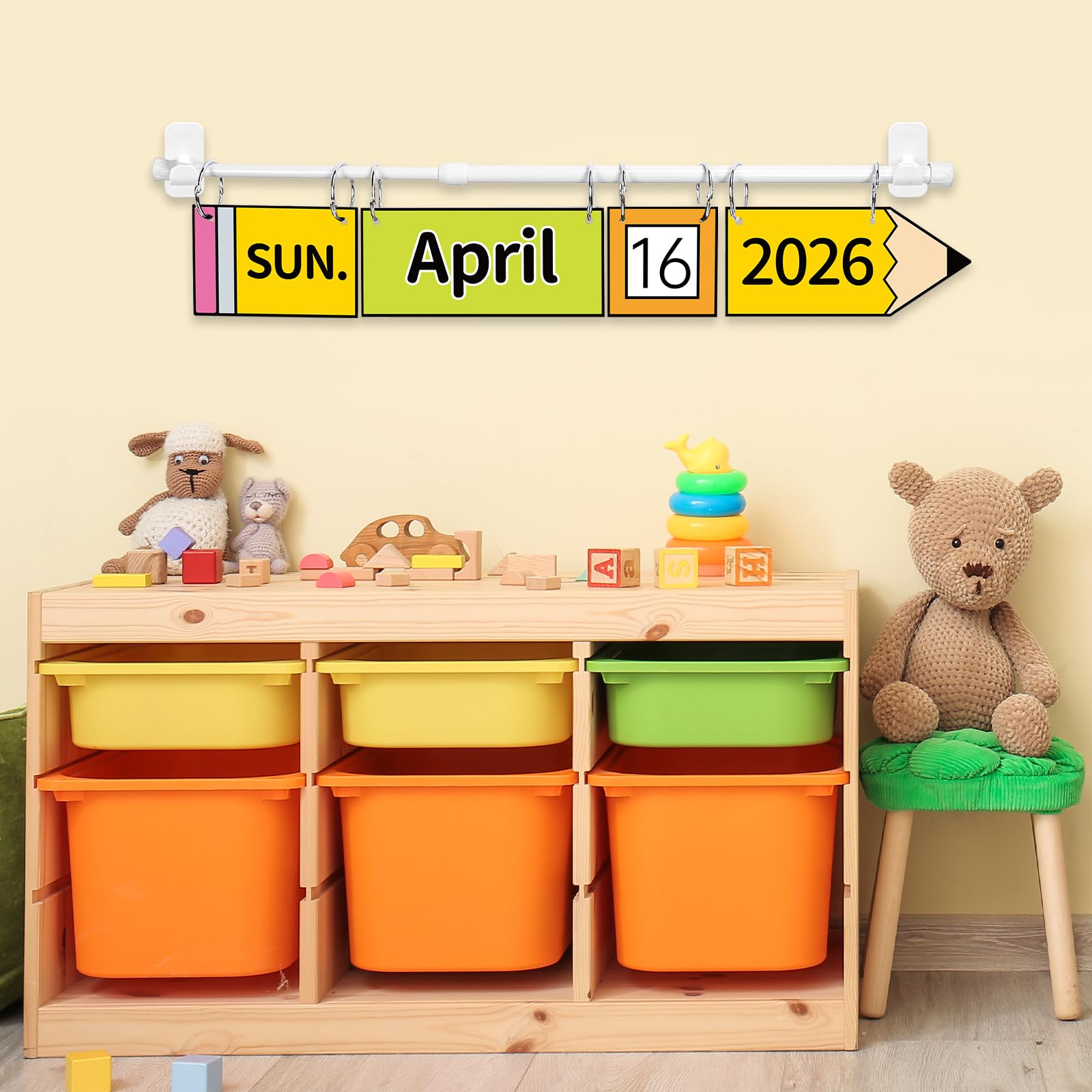 AnyDesign Bleistift-Klappkalender, buntes Pinnwand-Kalender-Set mit 55 Jahres-, Monats-, Wochendatumskarten und verstellbarem Stab, für Schulanfang, Klassenzimmer, Lehrerbedarf