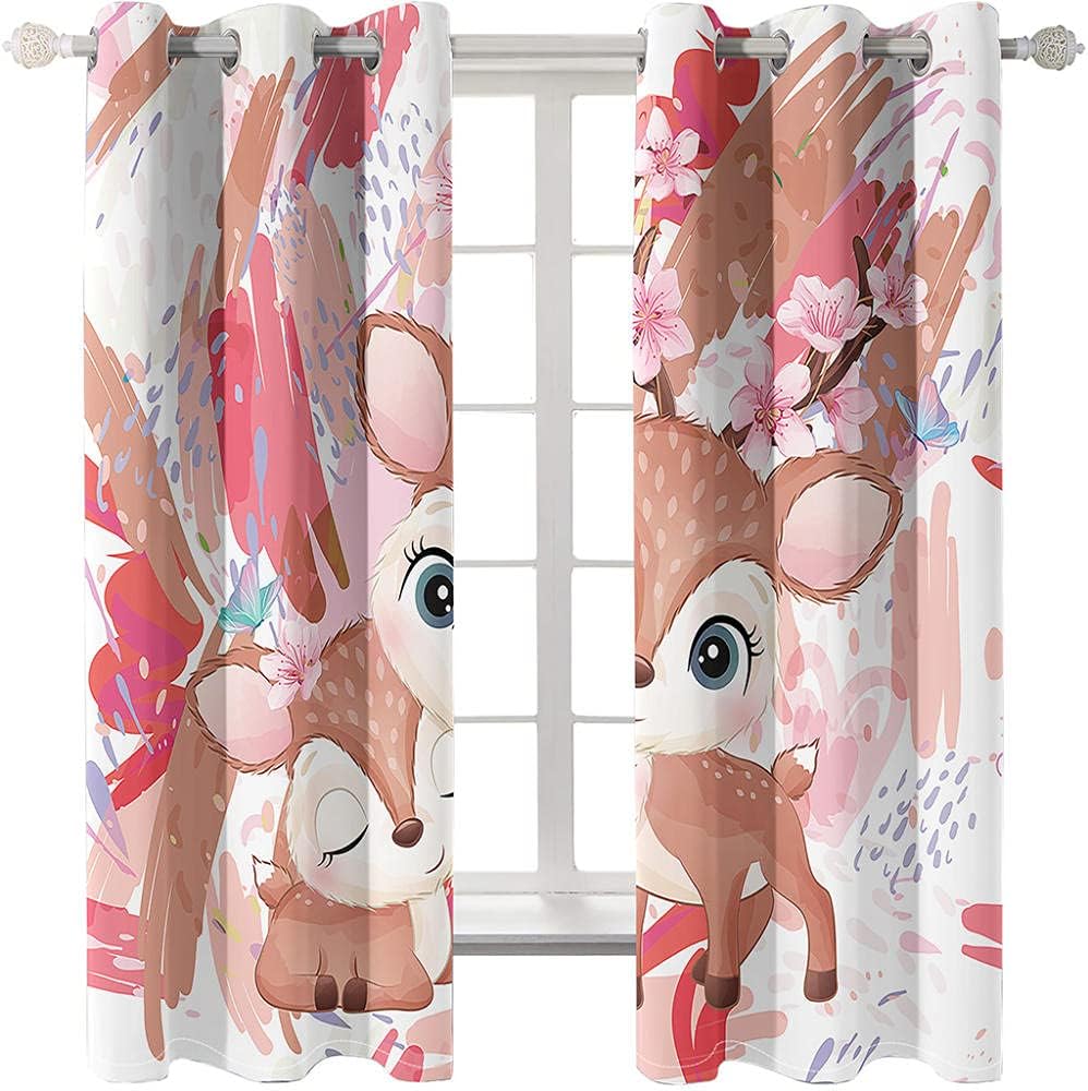 Kids Blackout Curtains Grommets Cartoon Pink Flowers Elk 132X96Inch Grommet Curtains for Bedroom Dining Office Window Soundproof 1 Pair ()