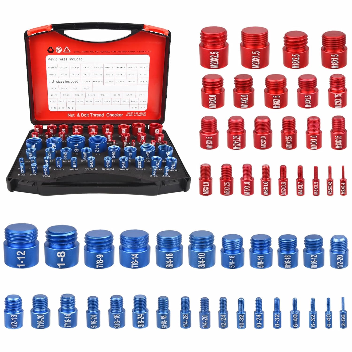 52Pcs Thread Checker, Aluminum Alloy Detachable Nut and Bolt Thread Checker (28 Standard & 24 Metric) Thread Gauge Set Wear Resistant Bolts Size Finder Tool Kit for Narrow and Tricky Area Tight Space