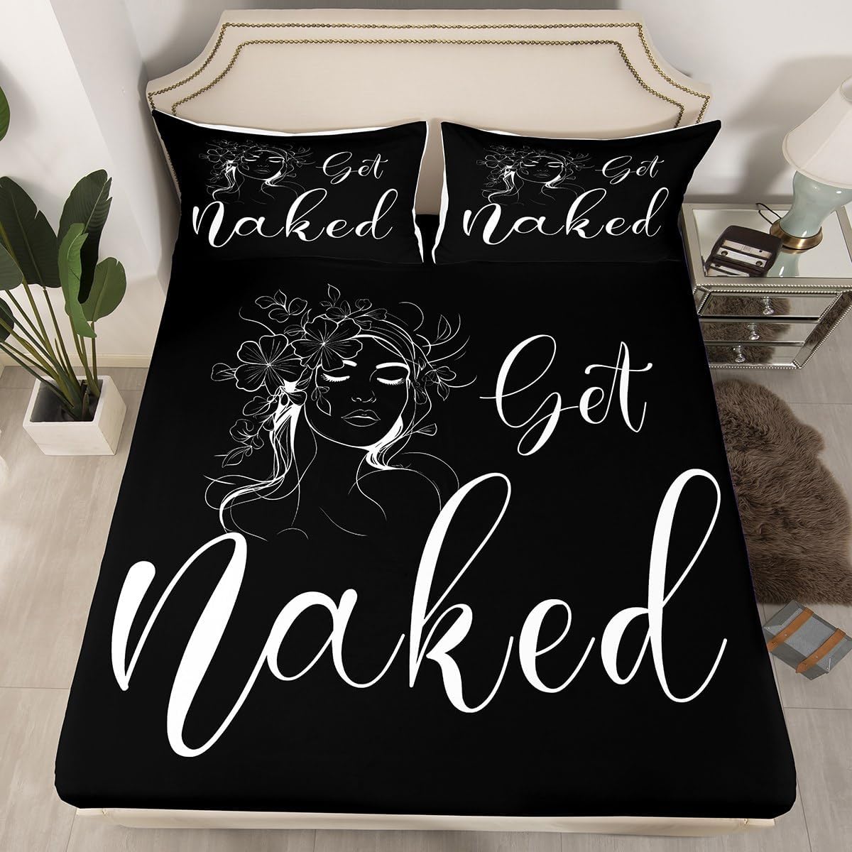 Navy Blue Marbling Fitted Sheet Full Size,Gold Glitter Get Naked Print Bedding Set for Adult Women Men Room Decor,Valentine's Day Funny Quotes Bed Sheet Ocean Style Deep Pocket Sheet,2 Pillowcases