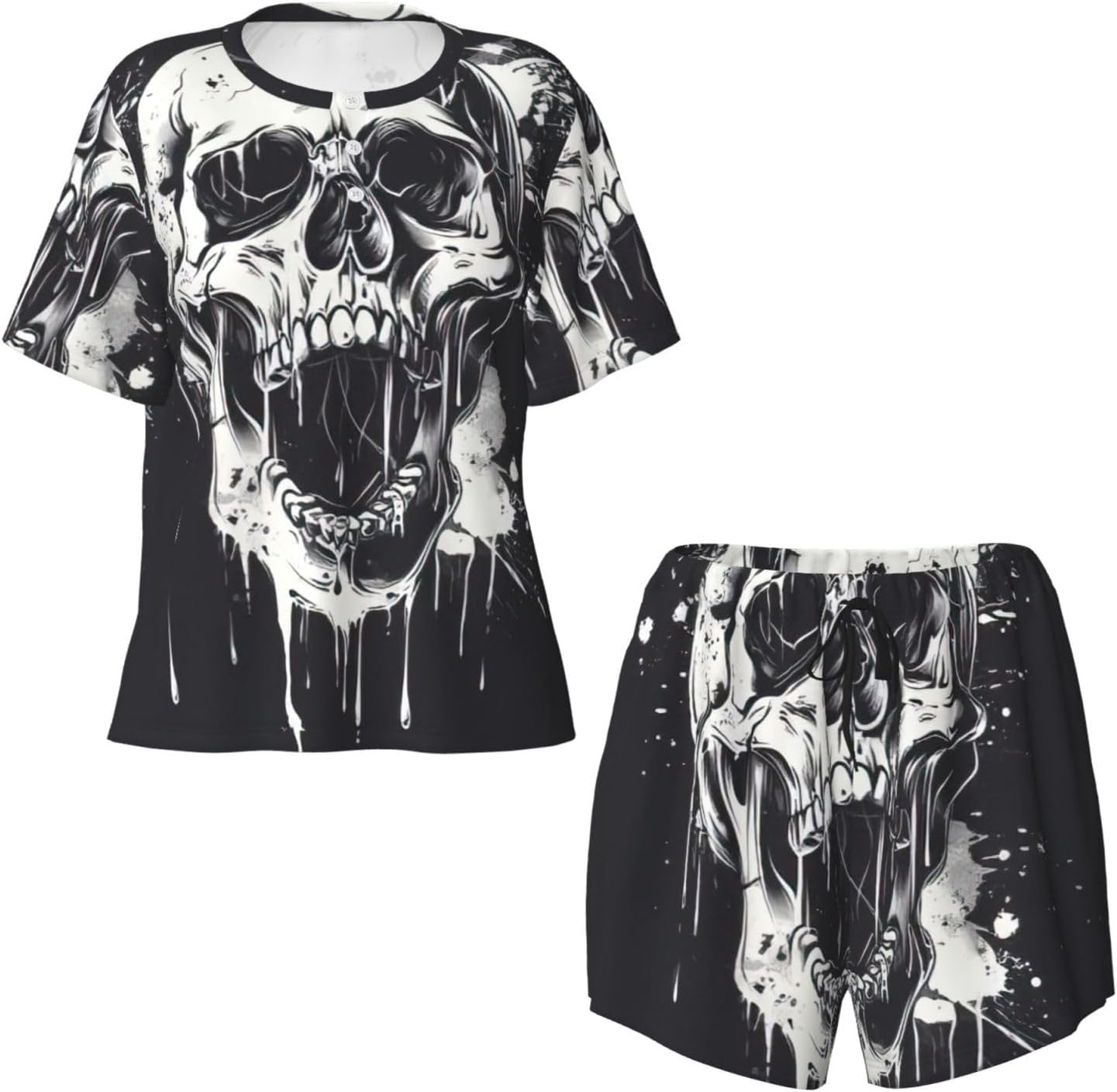 Horror Ghost Skull Print Stylish Women'S Pajama Set Short Sleeve,For Home,Vacation Or Beachwear