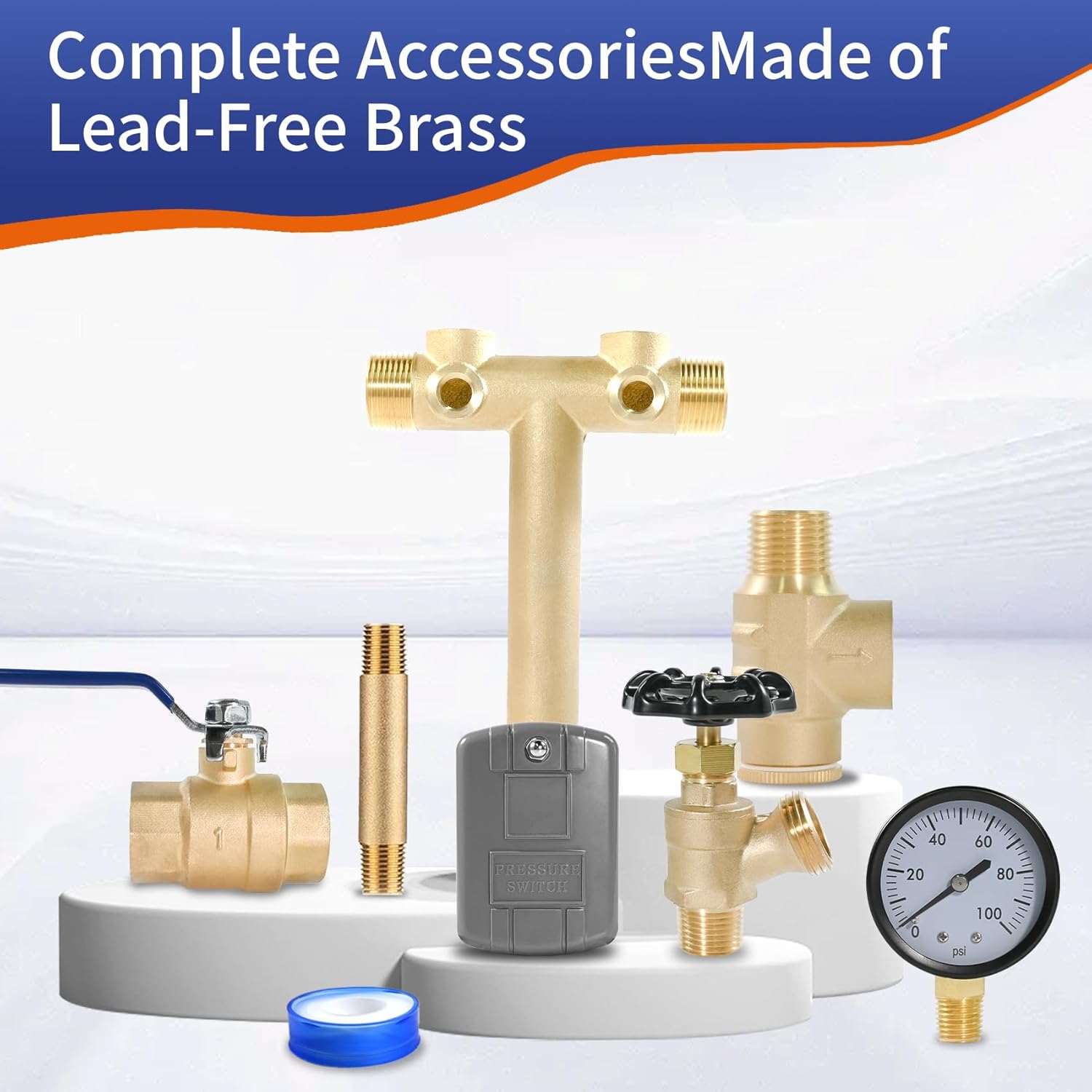 1"x 11"Well Pressure Tank Tee Kit for Water Well Pressure Tank with 40-60Psi Pressure Switch, Brass Pressure Tank Installation Kit for Well Tank with Diameters Up to 16"