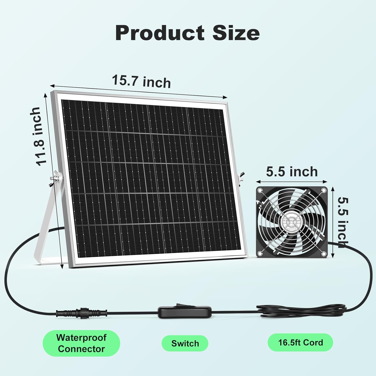 New 5.5" Solar Chicken Coop Fan 3 Kit, 35W Solar Powered Exhaust and Intake Greenhouse Fan Outdoor Waterproof, 16.5ft Cord, Strong Airflow, for Shed Pet House Air Circulation and Ventilation