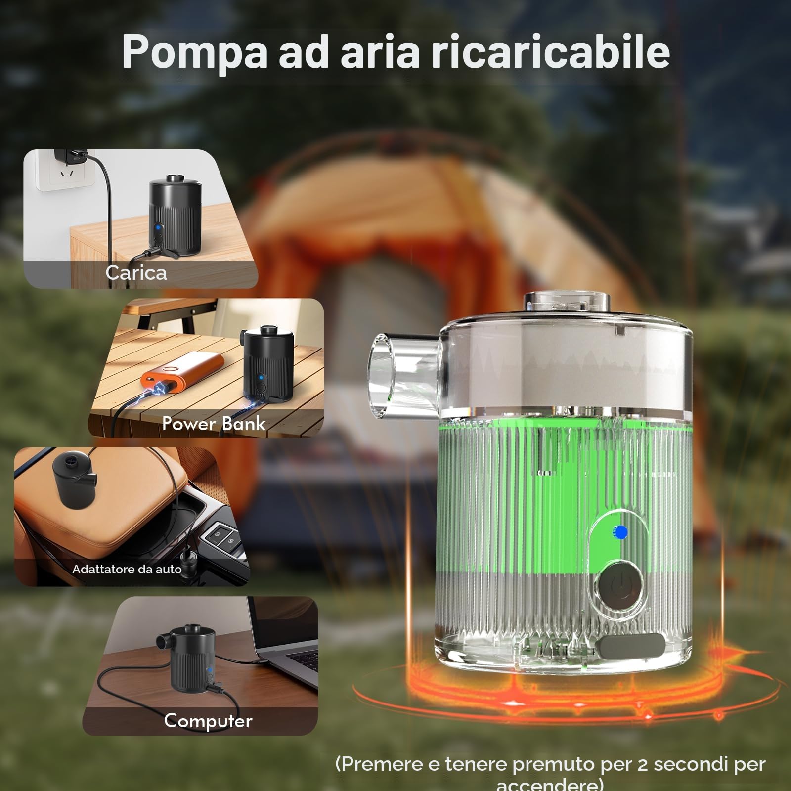 Pompa ad aria elettrica portatile per gonfiabili, gonfiaggio e sgonfiaggio rapido 2 in 1, con ugello esteso (flusso d'aria stabile), 4 ugelli + borsa per riporre materassini, piscina