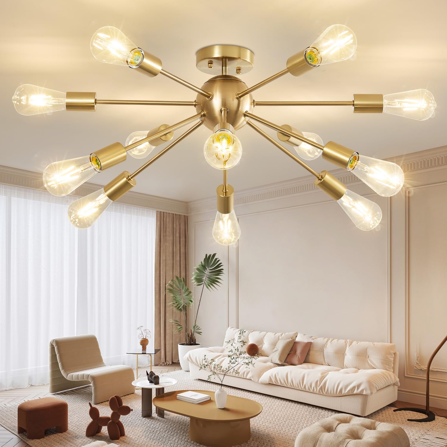 12-Light Gold Sputnik Chandeliers Modern Semi Flush Mount Ceiling Light - Mid Century Brushed Brass Lighting Fixture For Dining, Living, Bedroom, Kids, Kitchen, Farmhouse