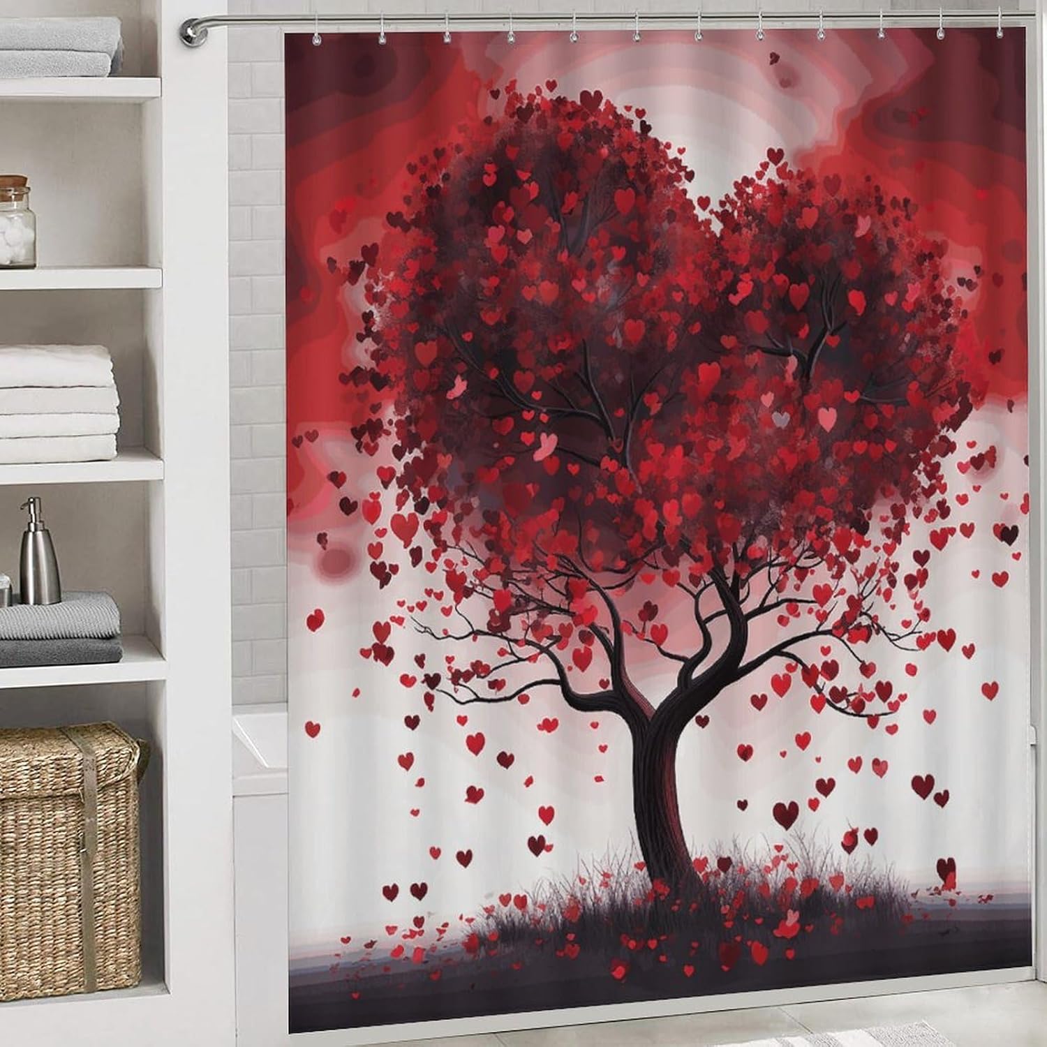 Red Love Heart Tree Shower Curtain Set 4 Piece, Non-Slip Bath Mat with Toilet Lid Cover and Waterproof Shower Curtain with 12 Hooks, Complete Bathroom Set for Home Decor