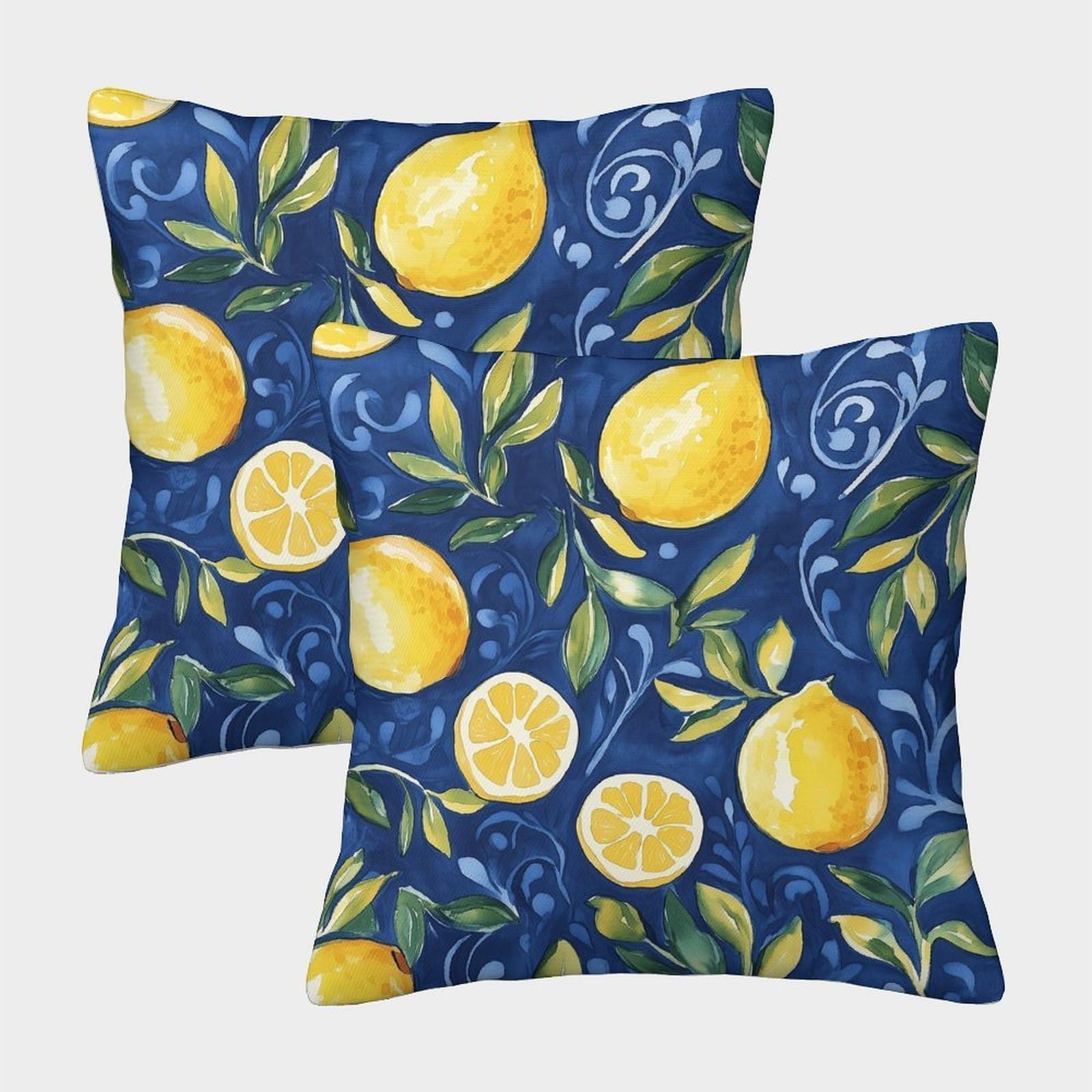 kaiyun 2 Pack Mediterranean Blue Pattern,Lemon Pillow Case Home Decoration Sofa Cushion Cover 45x45cm