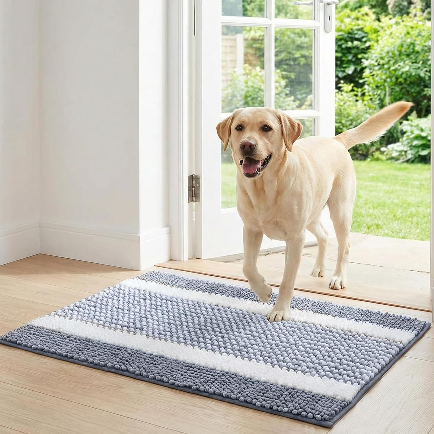 Door Mat Indoor Entrance, Absorbent Chenille, Non Slip, Washable, Quick Dry, Indoor Door Mat, Bath Rug, Kitchen Rug, Apartment Essentials, Carpet, Small (16″ x 24″), Navy and White Block Stripe