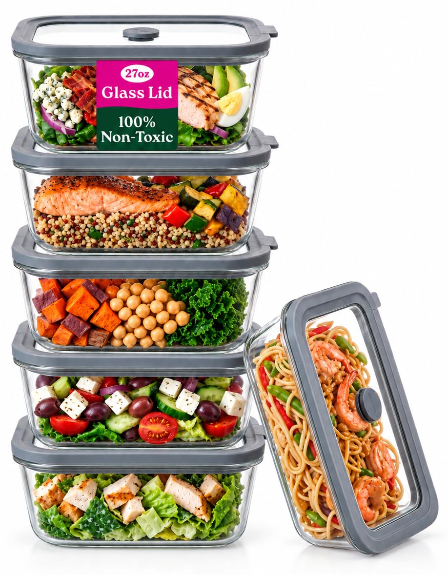 6 Pack Non-Toxic Glass Storage Containers with Glass Lids –27 Oz Borosilicate Glass Meal Prep Containers for Lunch, Airtight Food Storage,