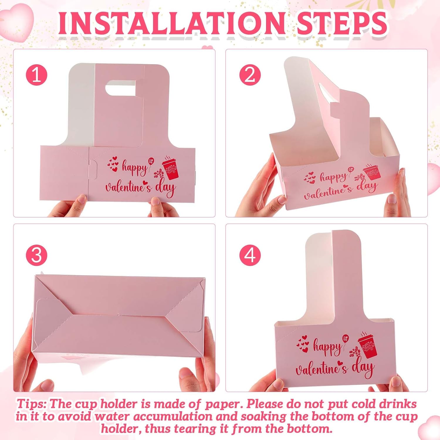 30 Set 2/4 Cups Drink Carrier with Handle, 12-30 oz Kraft Paperboard Coffee Cup Holder for Cold Hot Drinks, Takeout Beverage Delivery for Valentine(Valentine Style,7 x 3 x 9 Inch,Pink) - Image 4
