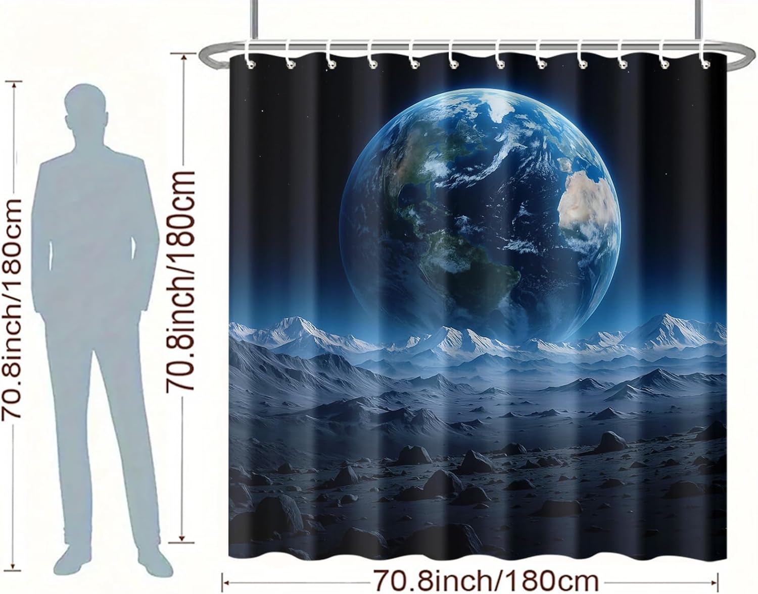 Earth View Shower Curtain 72x72 Inch with Hooks Outer Space Planet Scene Fabric Bathroom Decor with Distant Earth and Alien Terrain for Astronomy Sci Fi Lovers Cosmic Bathtub