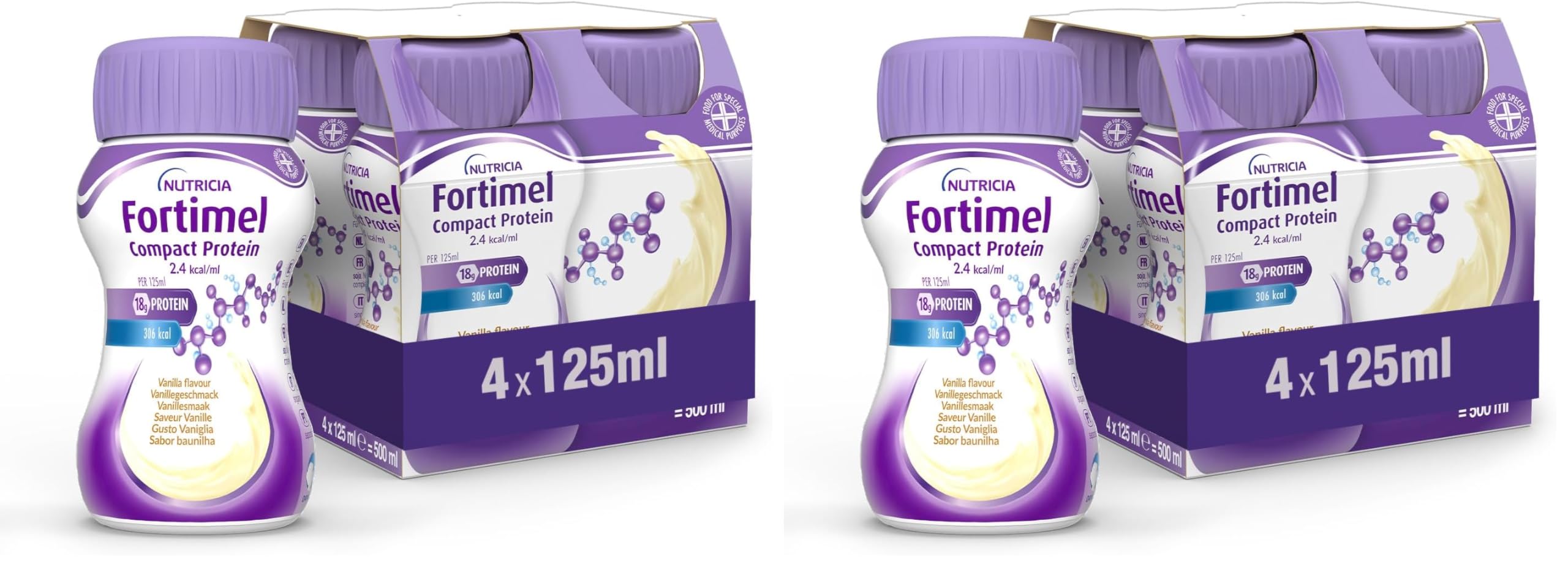 NUTRICIA FORTIMEL COMPACT PROTEIN - Supplemento Ipercalorico e Iperproteico Altamente Palatabile e Compatto, utile in caso di Malnutrizione, Alimento a Fini Medici Speciali, Gusto Vaniglia - 4 x 125ml