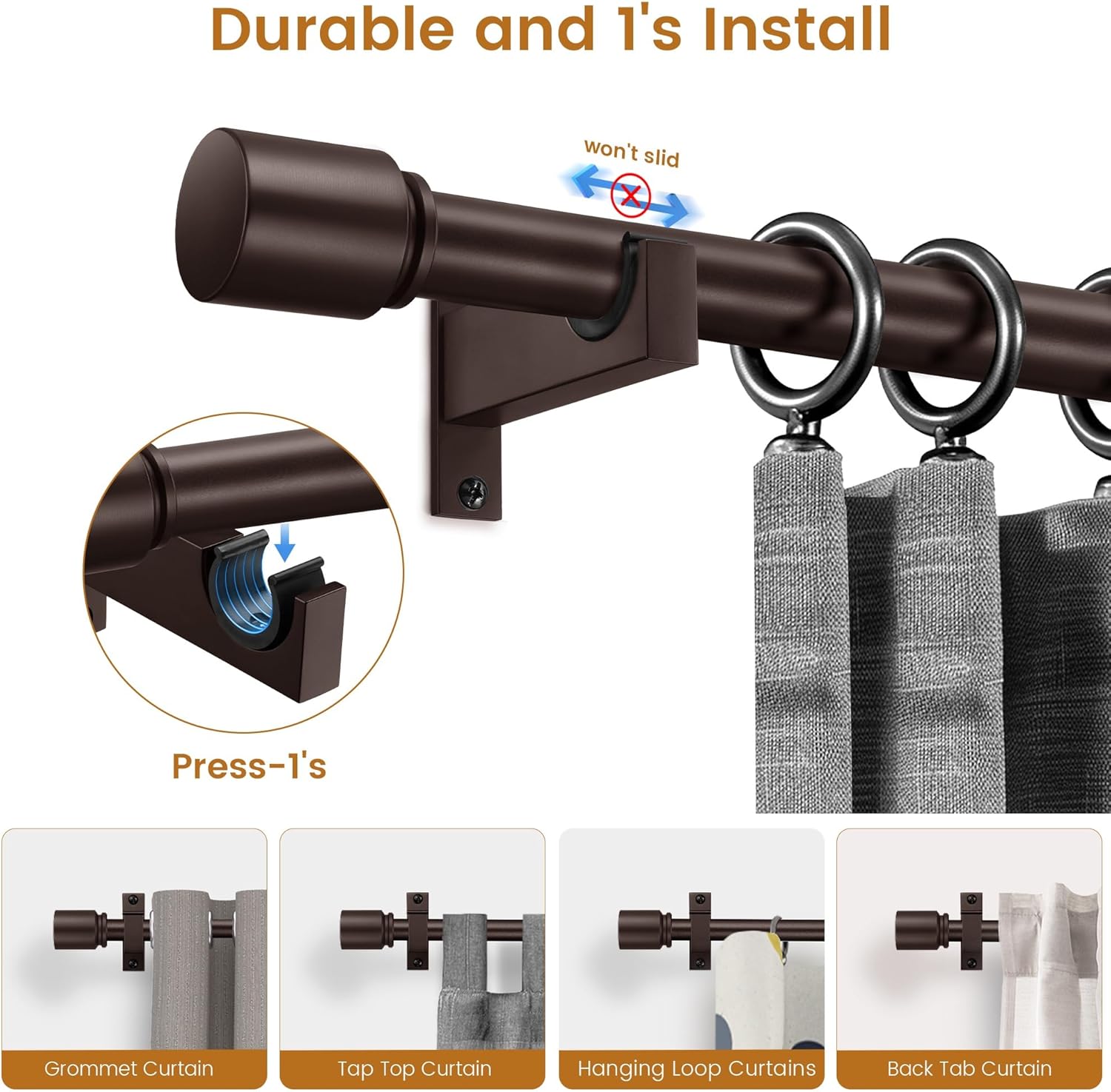 Bronze Aluminium Curtain Rods for Windows,1 Inch Adjustable Curtain Rod 48-84,Heavy Duty Drapery Rods with Thicken Bracket,Decorative Modern Single Rod with Aluminium Finials bronze 32"-84"