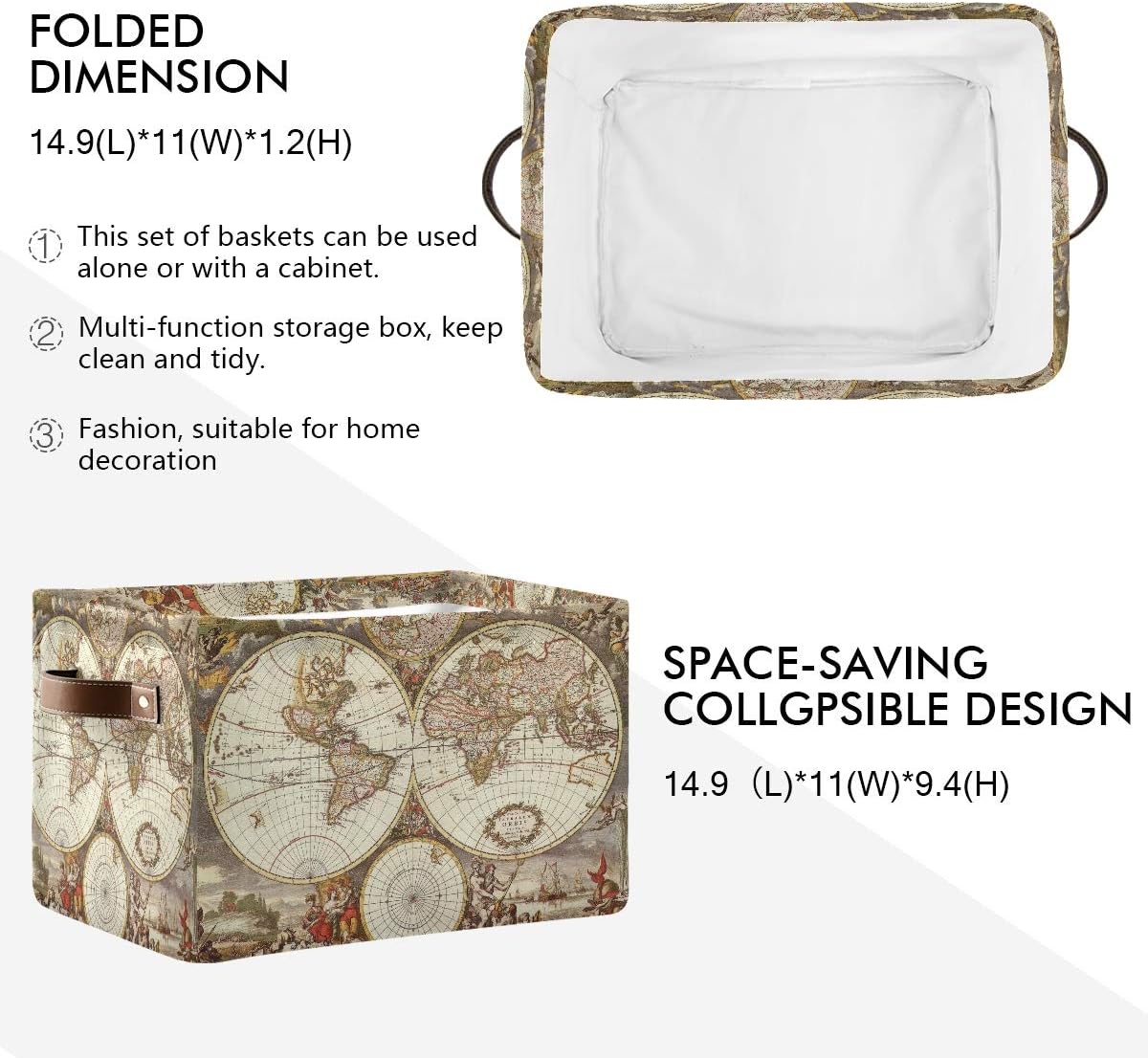 Storage Basket Cube Vintage Ancient World Map Large Collapsible Toys Storage Box Bin Laundry Organizer for Closet Shelf Nursery Kids Bedroom,15x11x9.5 in,2 Pack