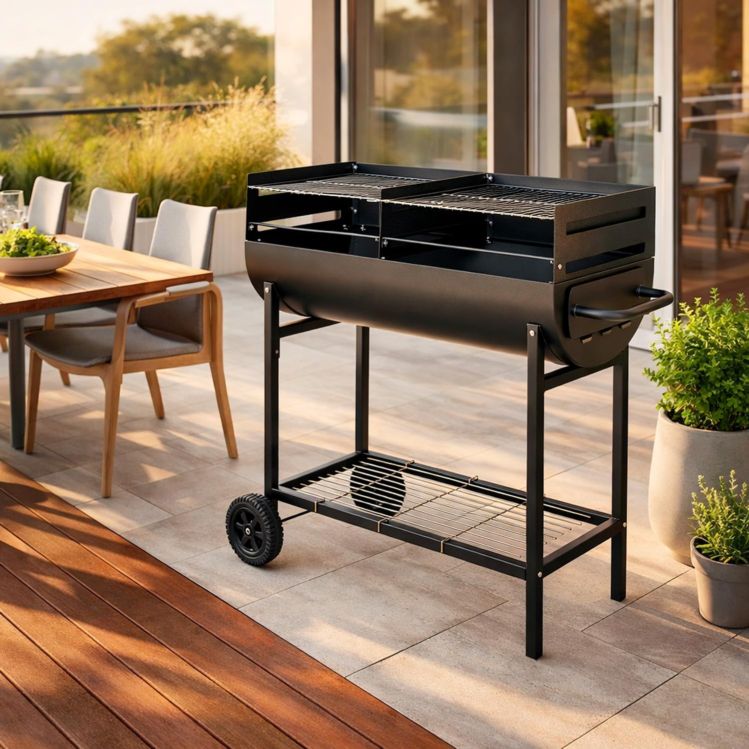 Barbecue A Carbone Con 2 Griglie Regolabili BBQ In Acciaio Resistente Con Ruote E Ripiano Portaoggetti Ideale Per Giardino Terrazzo E Grigliate All Aperto 90 x 45 x 96 Cm Nero