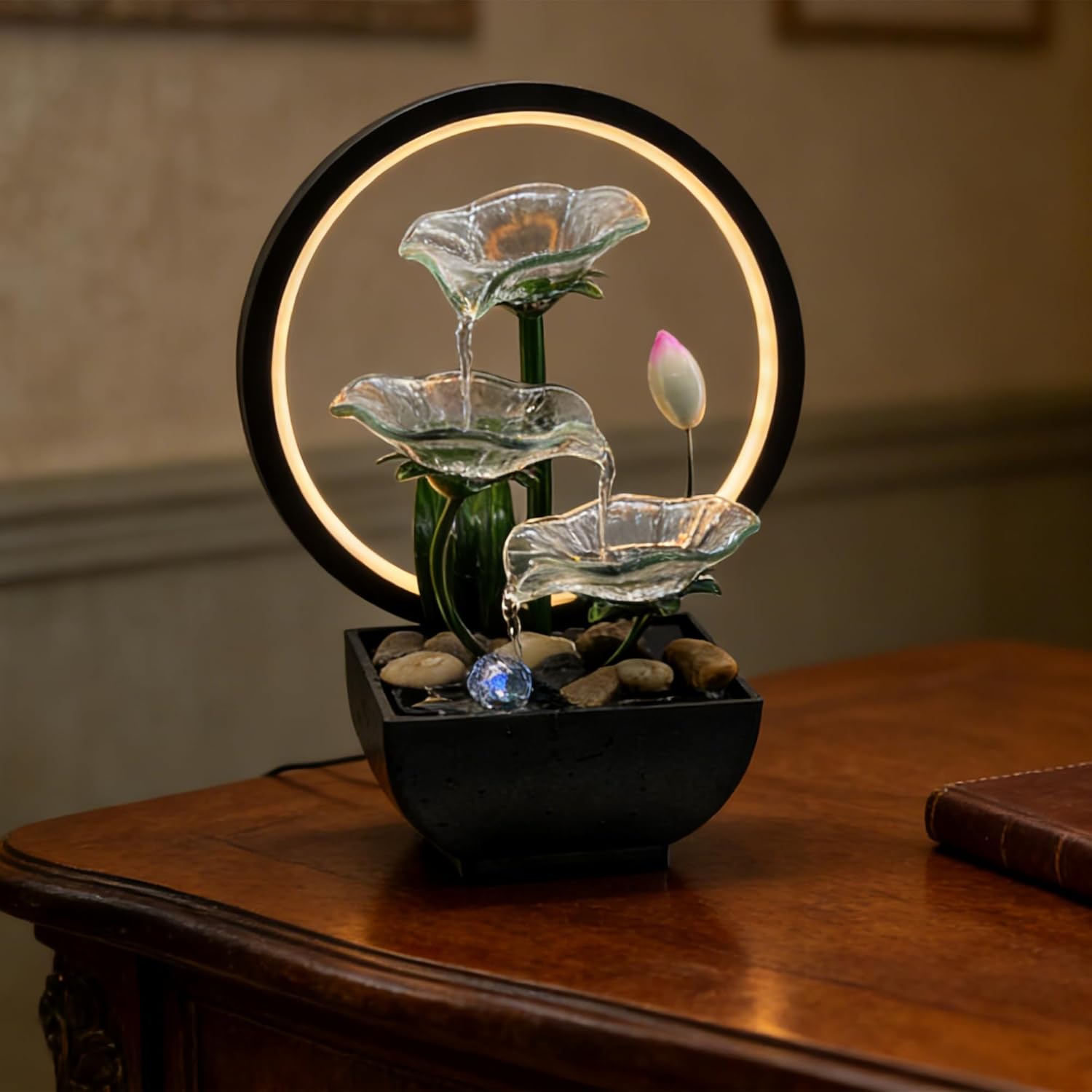 AOZITA Tabletop Water Fountain,3-Tier Transparent Glass Lotus Leaf Zen Fountain,Indoor Water Feature with Lotus Bud & LED Ring Light & Bead for Home Office Decor,Relaxing Water Sound,Feng Shui Decor