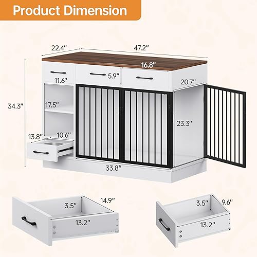 Miniatura 2 de Jaula para perros con comedero oculto y 3 cajones de almacenamiento - Jaula de madera para perros de 47.2" para interiores con estante ajustable