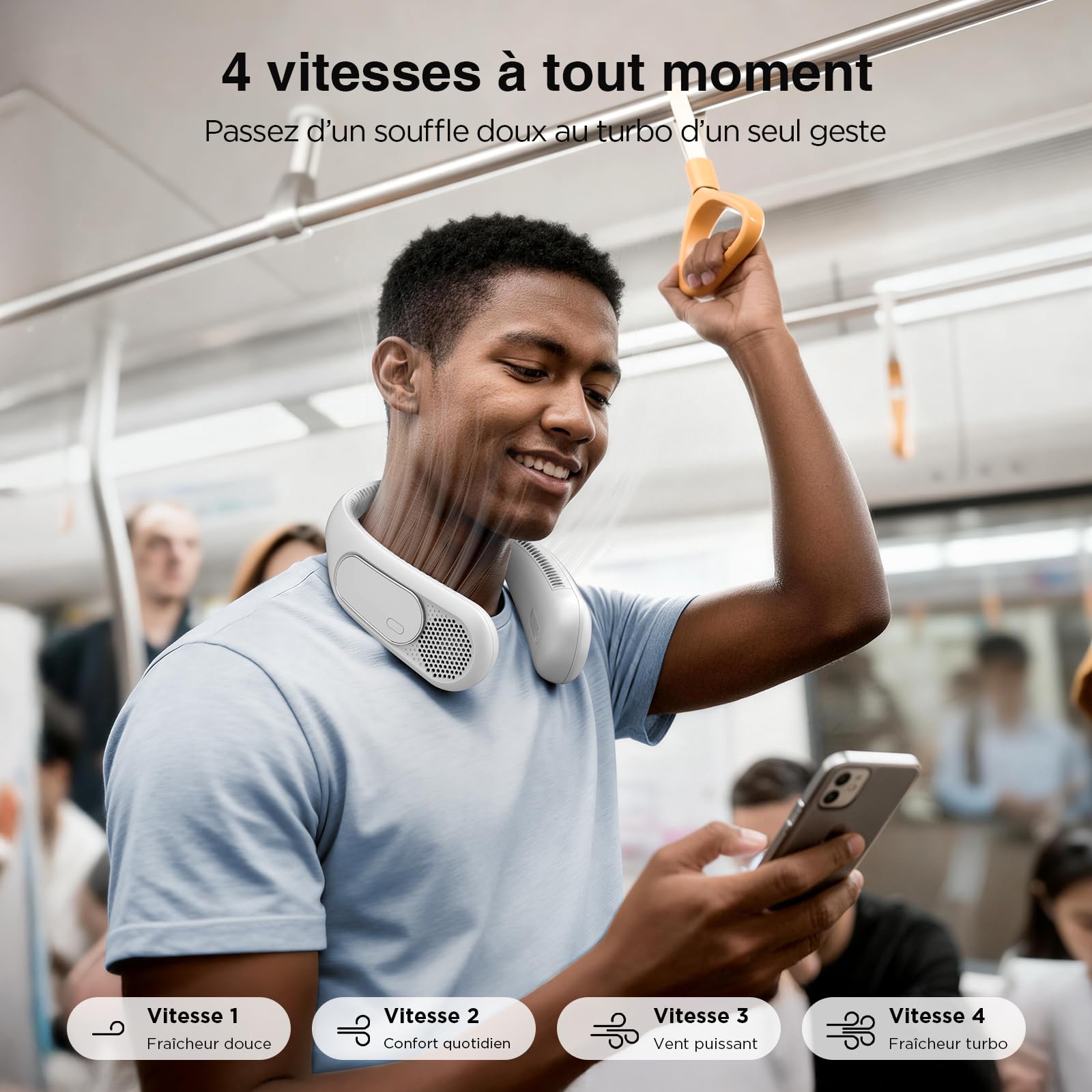 Ventilateur de Cou,Ventilateur Portable Cou Sans Lame Rechargeable 6000mAh, Ventilateur USB à 4 Vitesses, Idée Cadeau pour Hommes et Femmes, Intérieure et Extérieure Voyages（Blanc）