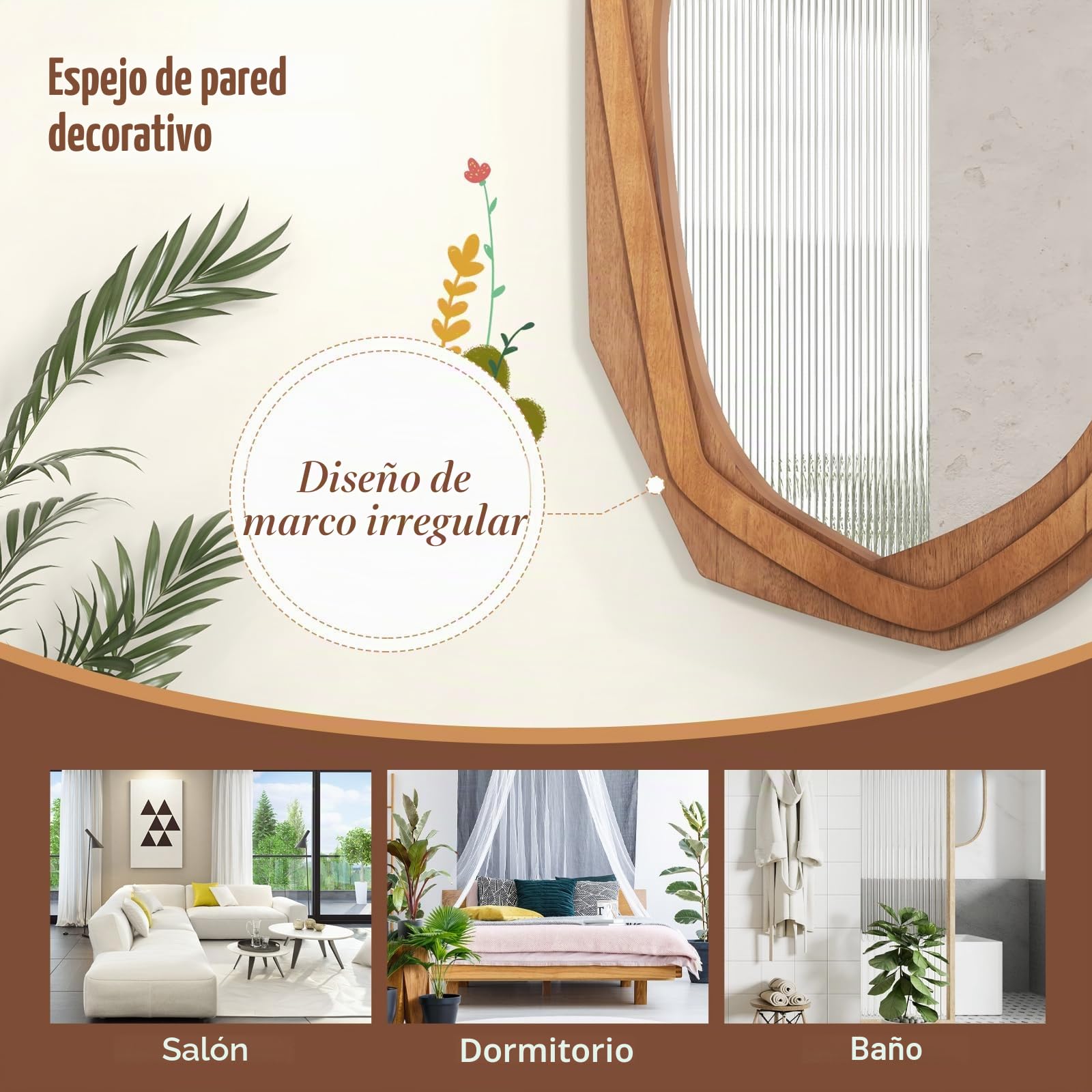 RELAX4LIFE Espejo de pared irregular, asimétrico para colgar, cosmético único, colgante con HD, marco resistente, para salón, baño o pasillo (natural, 89,5 x 66 x 3 cm)
