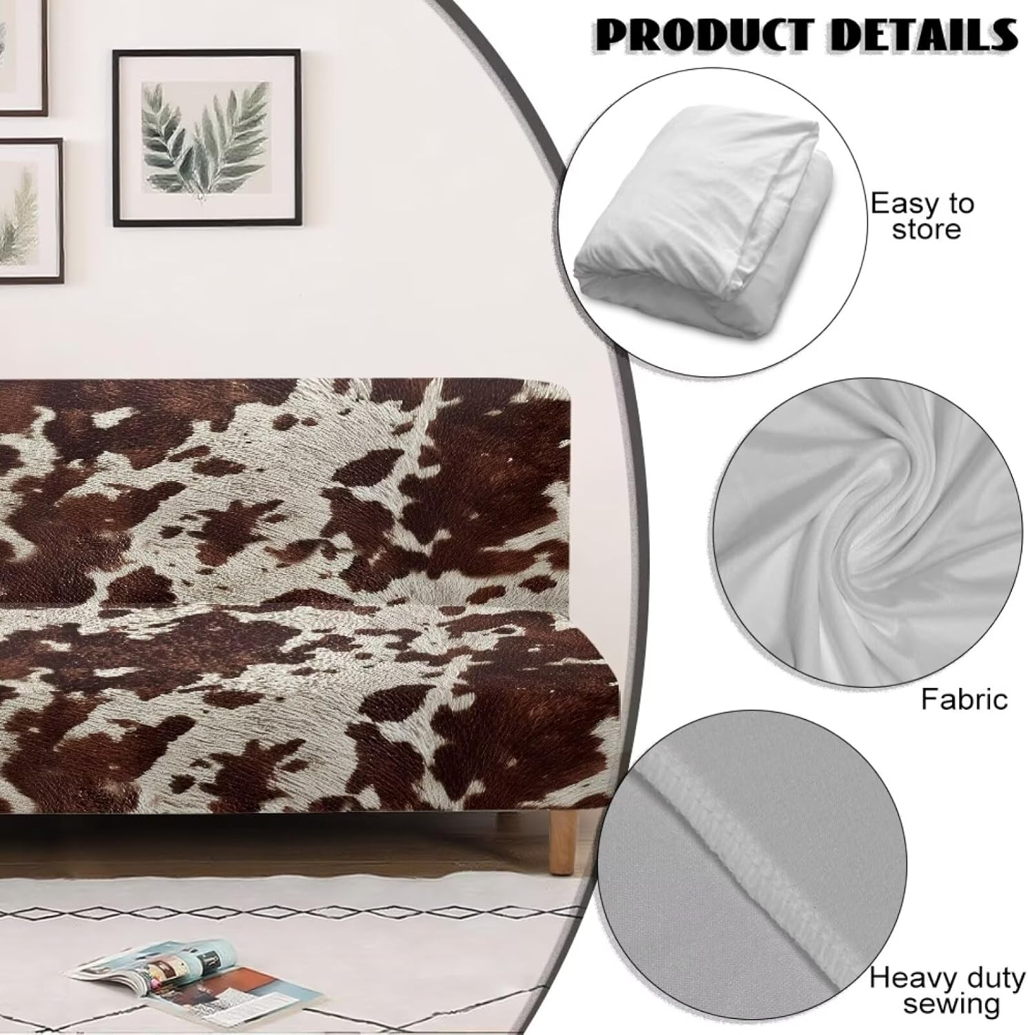 Futon Cover Elastic Soft Armless Futon Slipcover Decorative Spandex Fitted Furniture Protector for 3 Seater Full Size Folding Sofa Bed, Brown Cow Print
