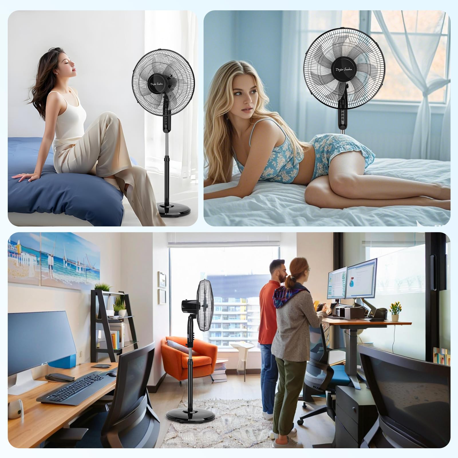 Taylor Swoden 7 Aspas Ventilador de pie Potente, 3 Velocidades, 50W Ventiladores, Altura Regulable, Oscilante, Rejilla de Seguridad, Base Estable, Negro, 43x40x120cm, *2