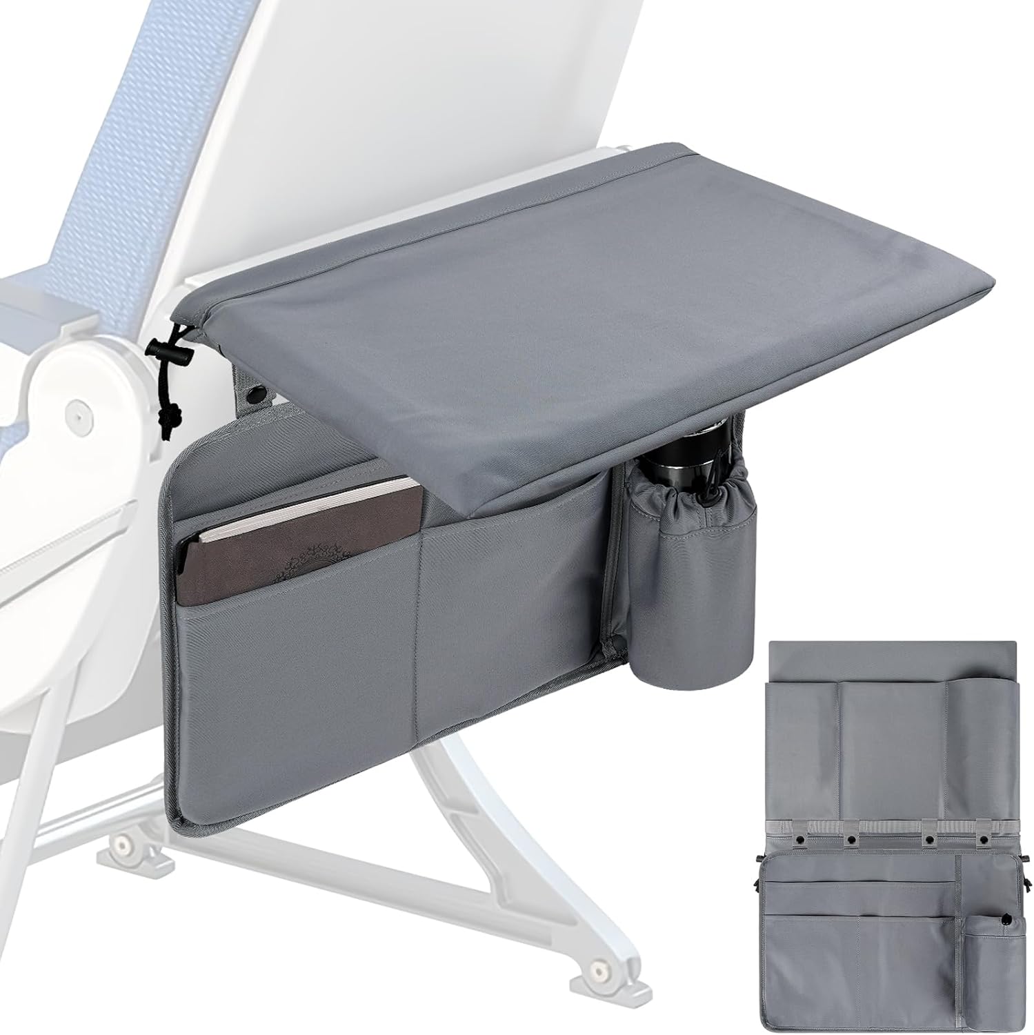 Airplane Tray Table Cover with Under Desk Attachment Set, Travel Accessories for Seat Back Organize & Item Storage, Washable Airplane Accessories with Water Bottle Holder (Grey)