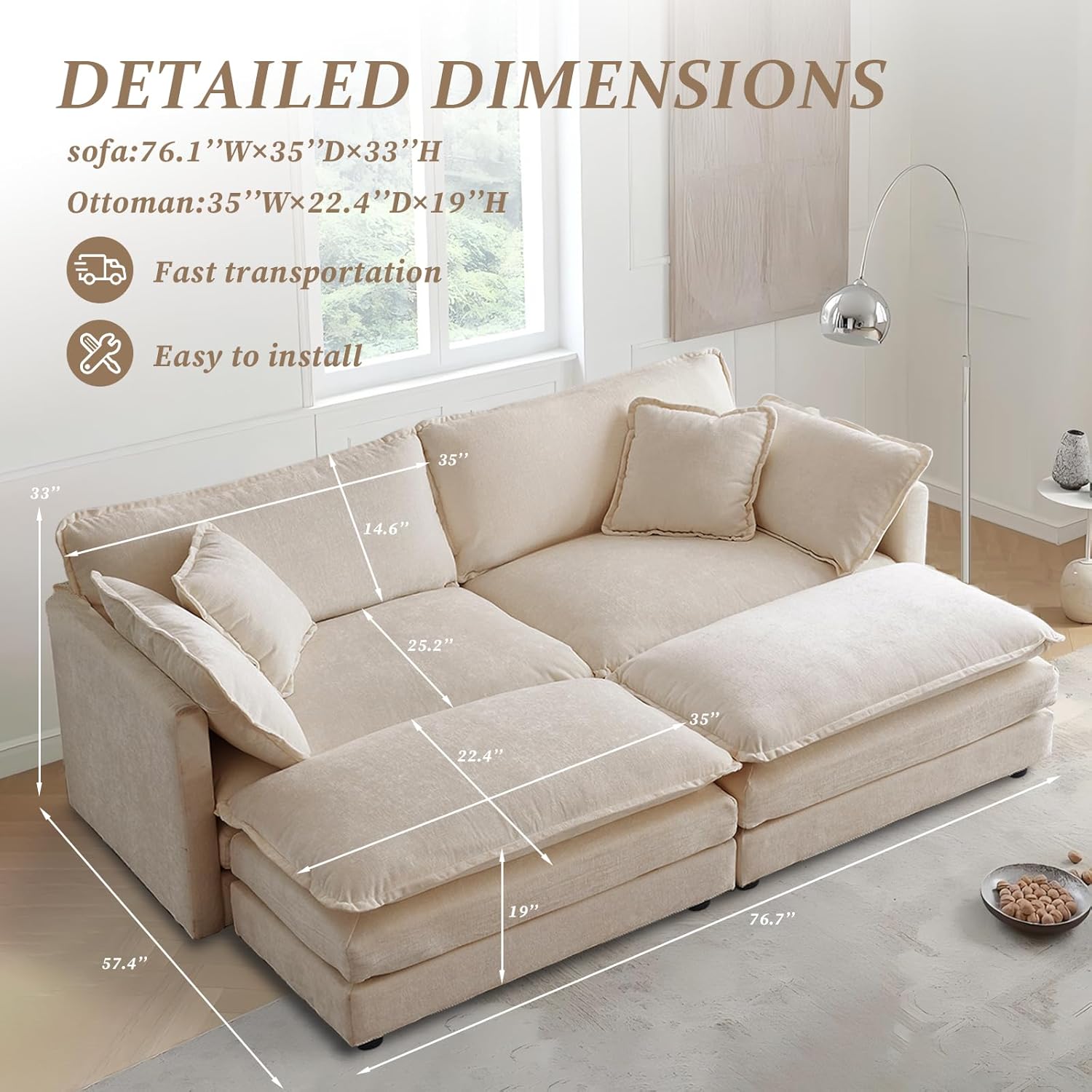 Detailed dimensions of the SoarFlash sofa and ottoman