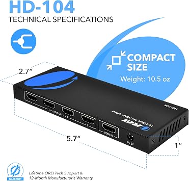 OREI HDMI Splitter 1 in 4 Out 4K@30Hz HDMI 2.0 Splitter with HDCP 1.4